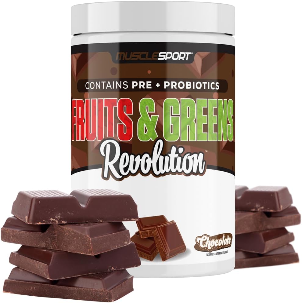 Musclesport Fruits & Greens Supplement with Wheat Grass, Spirulina, Fiber, Probiotics - Chocolate Flavor, 30 Servings