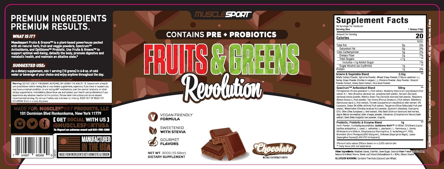 Musclesport Fruits & Greens Supplement with Wheat Grass, Spirulina, Fiber, Probiotics - Chocolate Flavor, 30 Servings