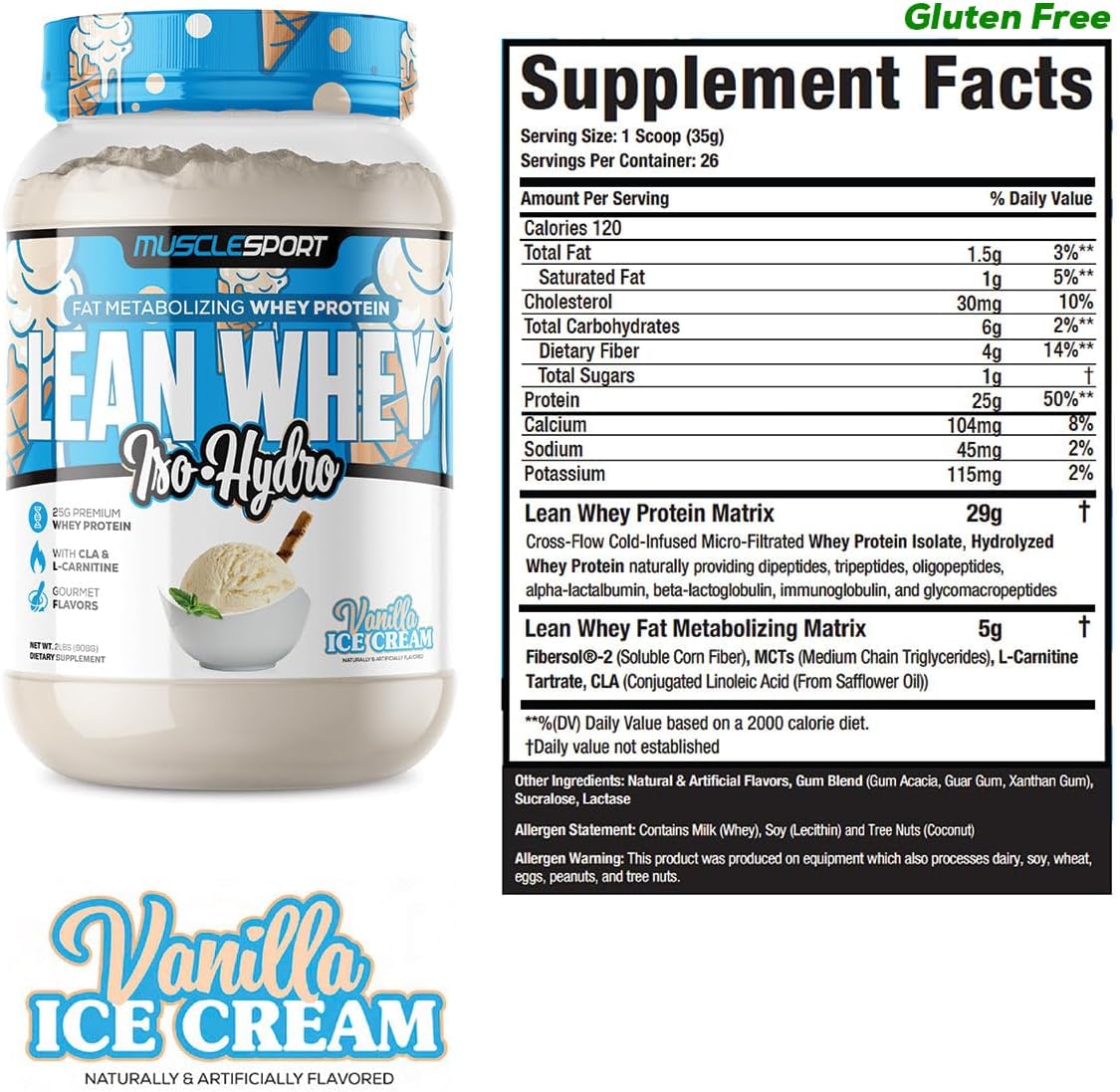 Musclesport Lean Whey Revolution™ Protein Powder - Vanilla Flavor, 25g Protein, Low Calorie, Low Carb, Low Fat - 2LB
