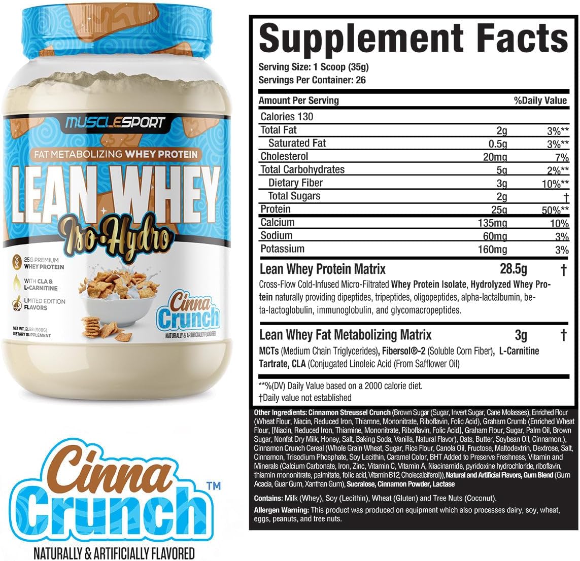 Musclesport Lean Whey Revolution™ Protein Powder 2lb - Whey Isolate, Low Calorie, Low Carb, Low Fat - 25g Protein per Serving
