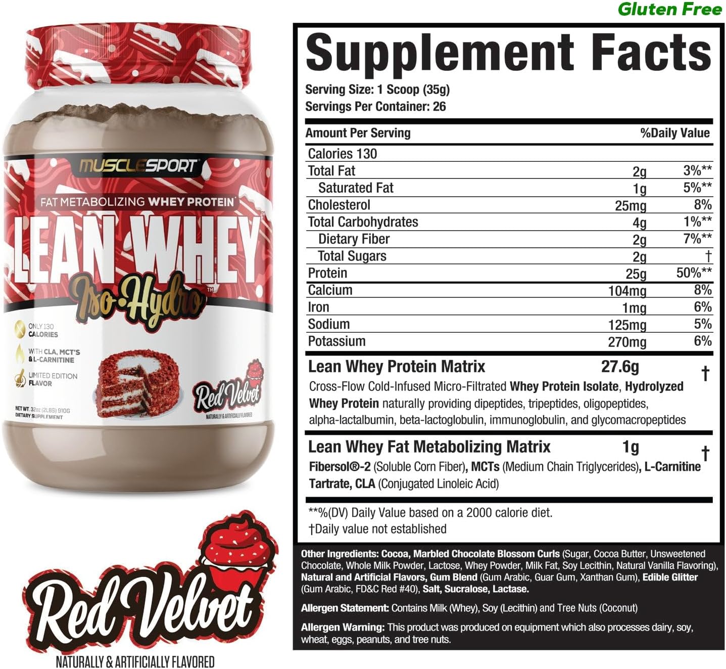 Musclesport Lean Whey Revolution™ Red Velvet Protein Powder - 25g Whey Protein Isolate, Low Calorie, Low Carb, Low Fat - Delicious Flavors - 2lb
