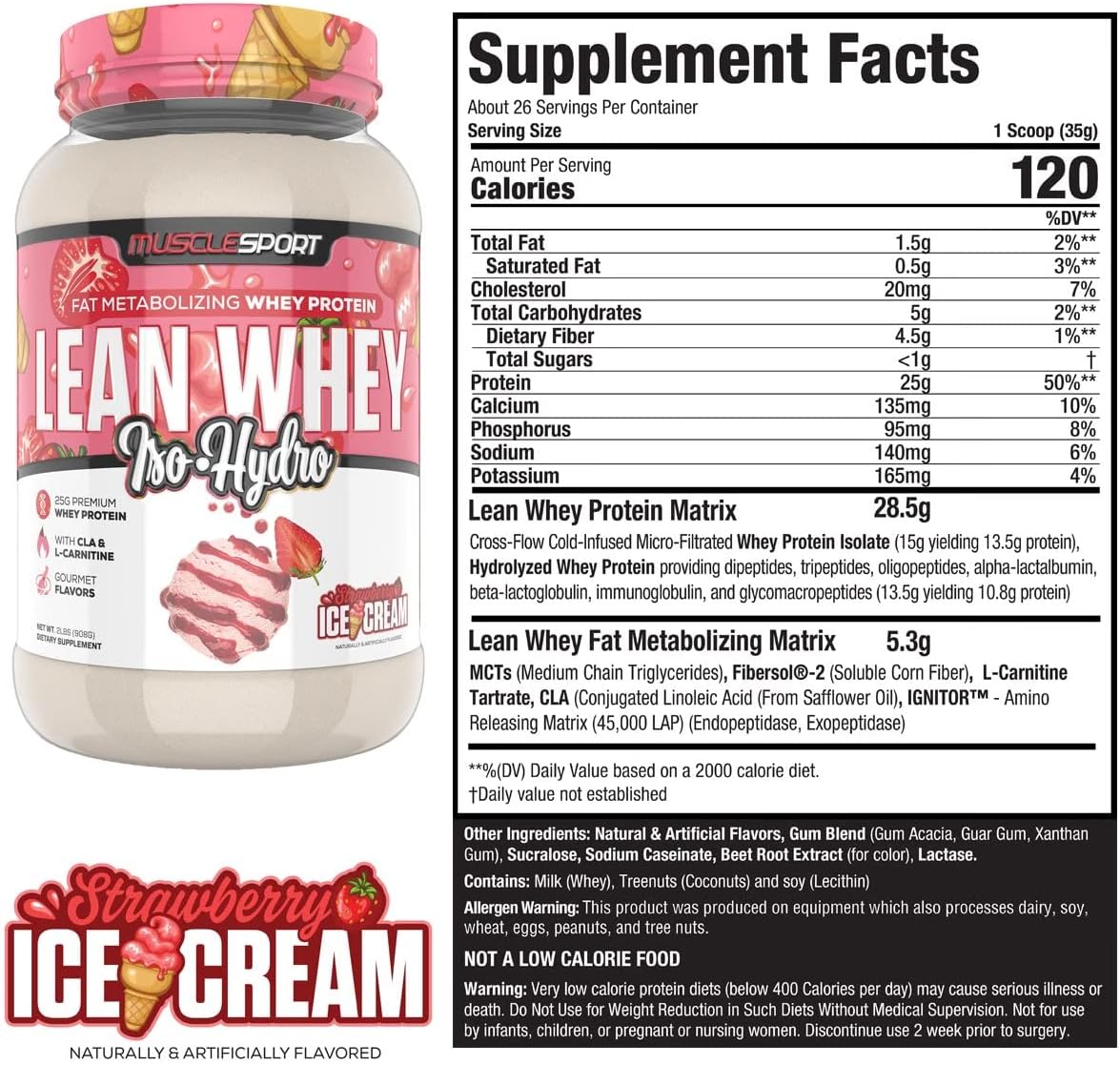 Musclesport Lean Whey Revolution™ Strawberry Protein Powder - High Protein Isolate, Low Calorie, Low Carb, Low Fat - 25g Protein per Serving - 2LB Jar