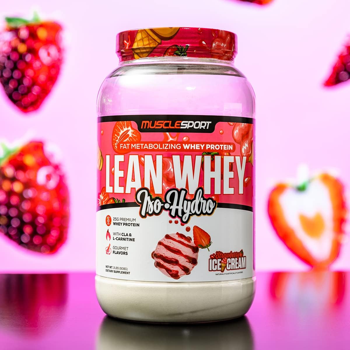 Musclesport Lean Whey Revolution™ Strawberry Protein Powder - High Protein Isolate, Low Calorie, Low Carb, Low Fat - 25g Protein per Serving - 2LB Jar