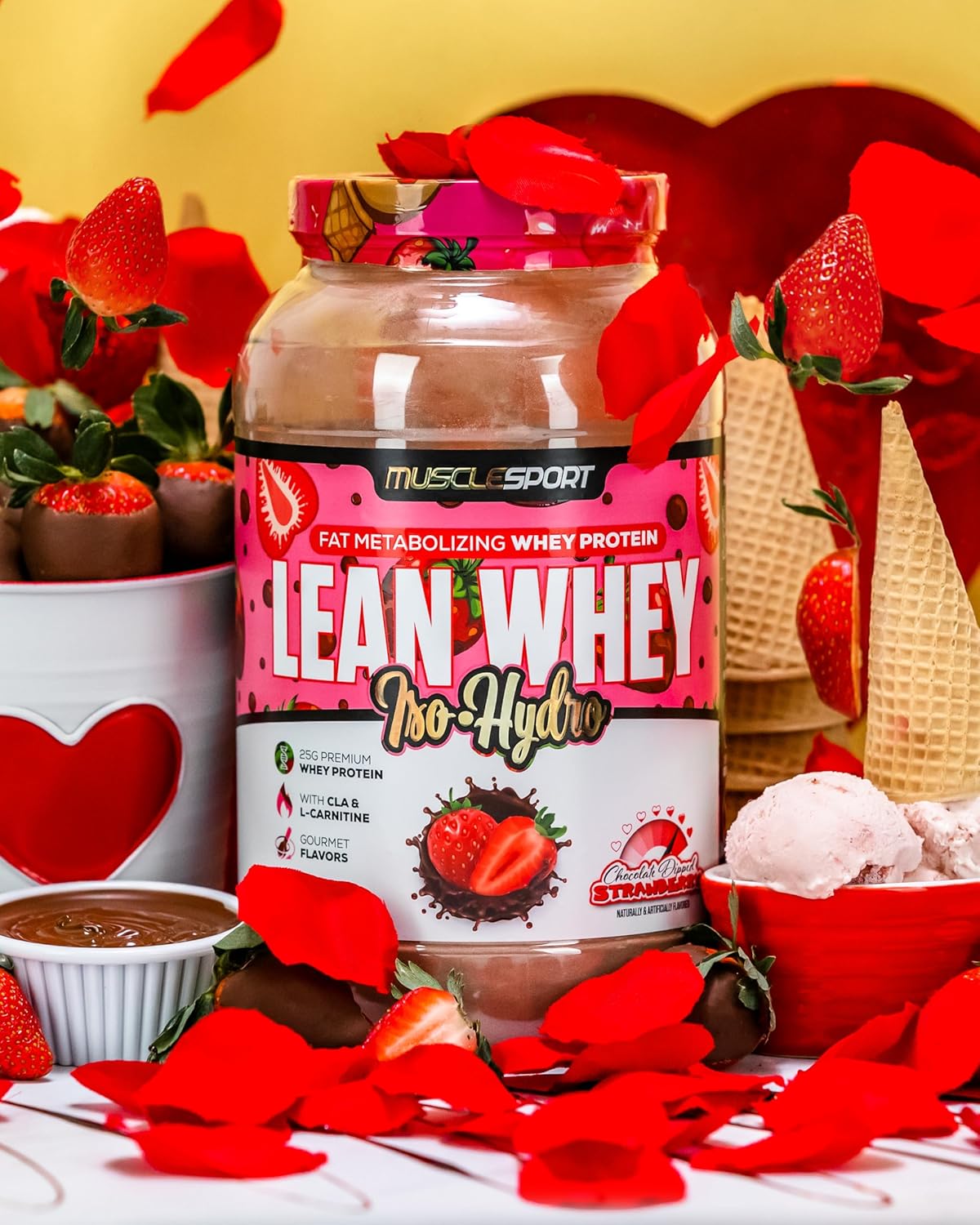 Musclesport Lean Whey Revolution™ Strawberry Protein Powder - High Protein Isolate, Low Calorie, Low Carb, Low Fat - 25g Protein per Serving - 2LB Jar