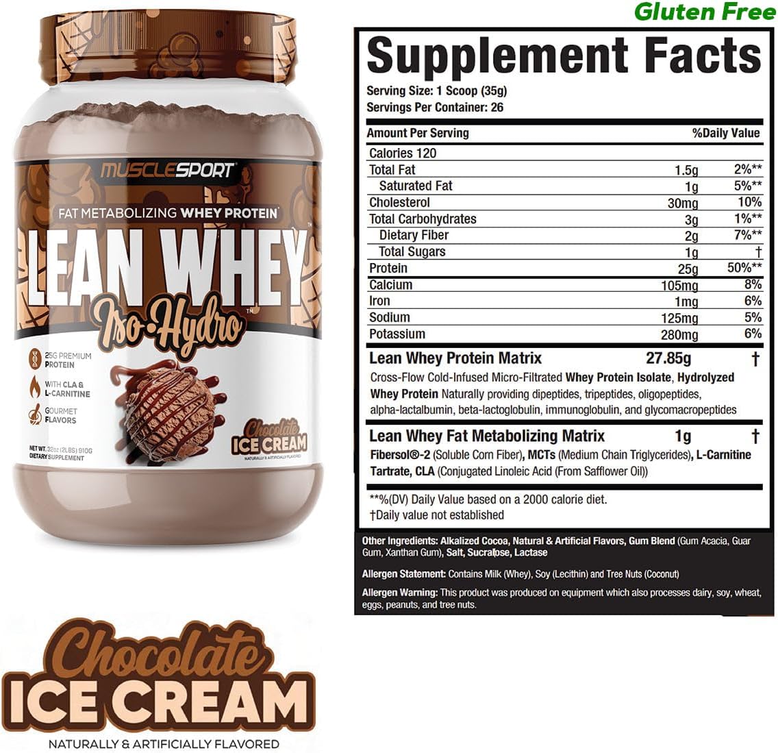 Musclesport Lean Whey Revolution™ Whey Protein Isolate Powder - Low Calorie, Low Carb, Low Fat, Chocolate Ice Cream Flavor - 25g Protein/scoop - 2lb