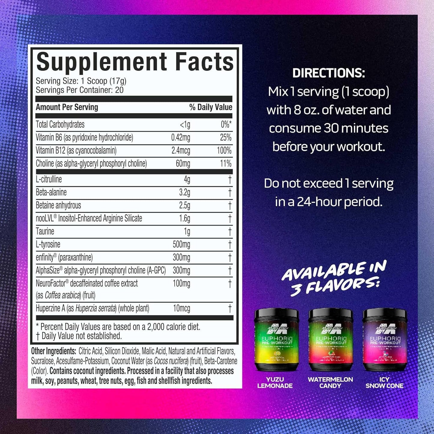 MuscleTech EuphoriQ Pre Workout Powder - Smart Energy Boost for Men and Women - Caffeine Metabolite with Paraxanthine - Watermelon Candy Flavor - 20 Servings