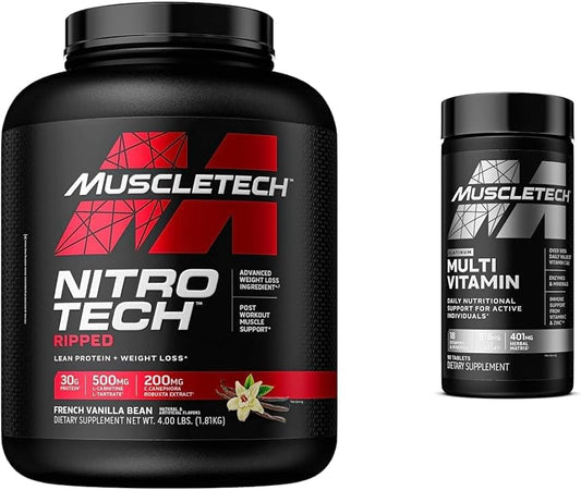 MuscleTech Nitro-Tech Ripped Lean Whey Protein Powder & Platinum Multivitamin Bundle for Men - Immune Support & Daily Workout Supplements