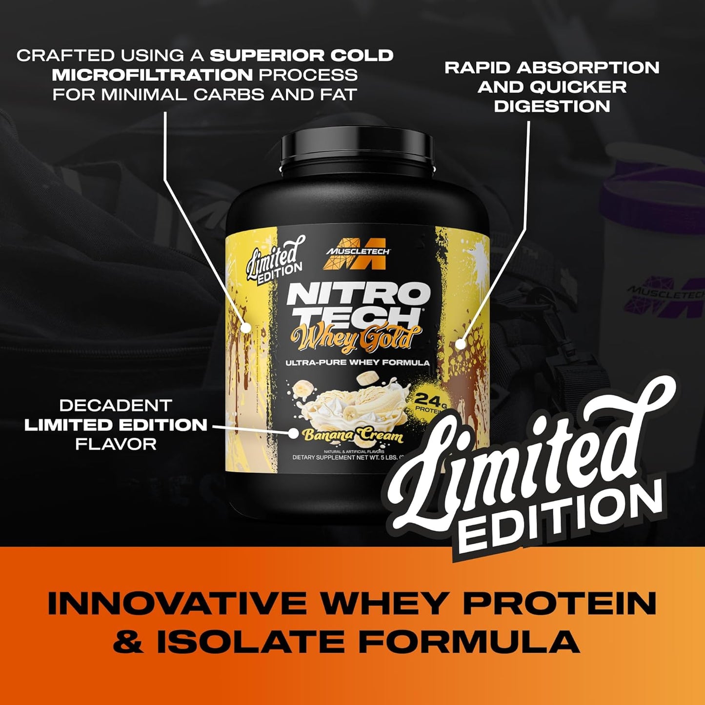 MuscleTech Nitro-Tech Whey Protein Isolate Smoothie Mix, Banana Cream Flavor, 5LB - 24g Whey Gold Protein for Lean Muscle & Recovery - Gluten-Free for Women & Men