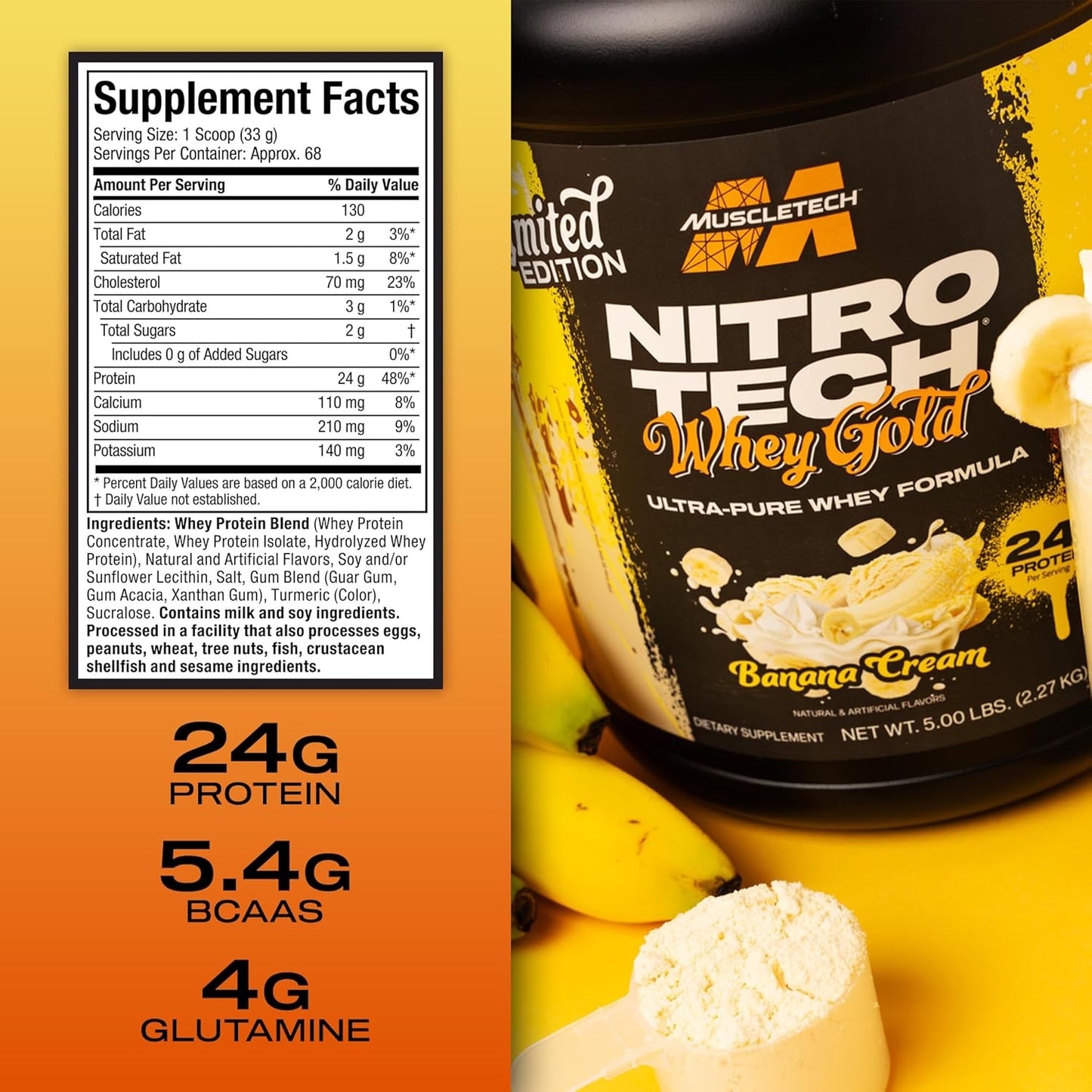 MuscleTech Nitro-Tech Whey Protein Isolate Smoothie Mix, Banana Cream Flavor, 5LB - 24g Whey Gold Protein for Lean Muscle & Recovery - Gluten-Free for Women & Men