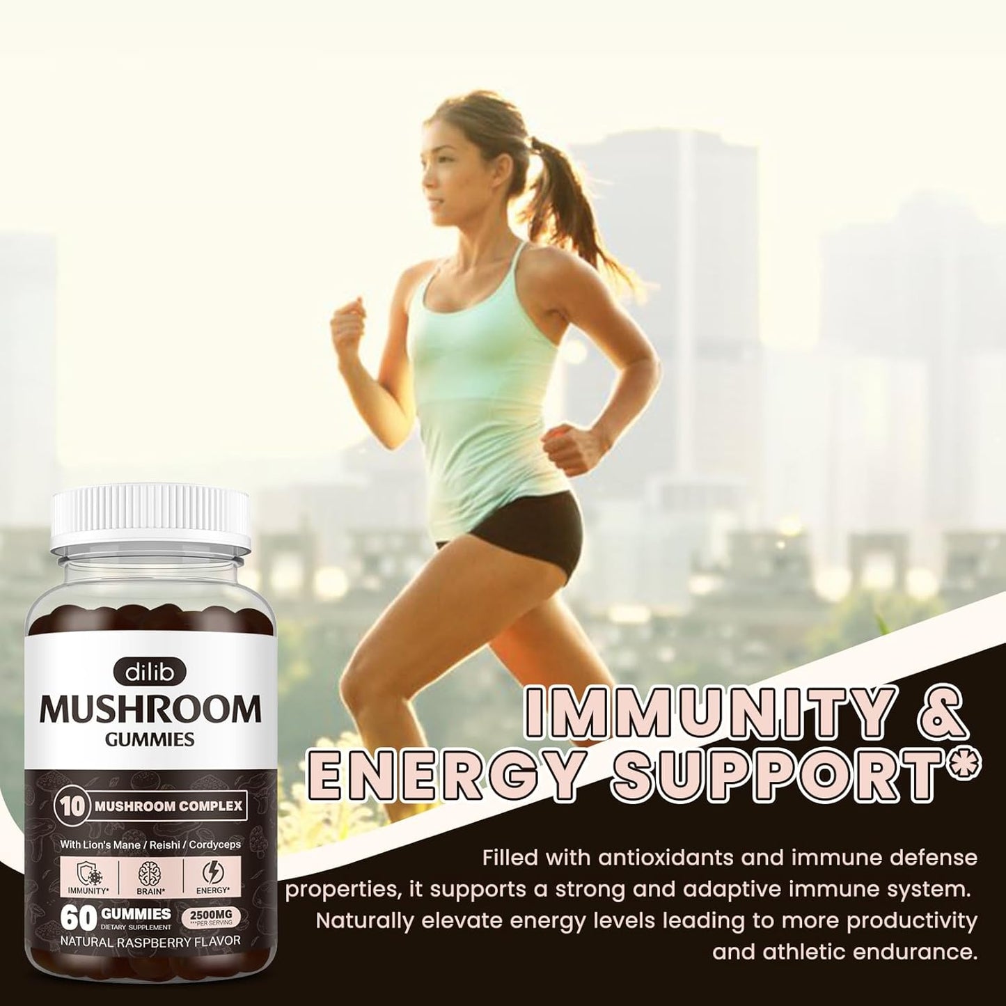 Mushroom Gummies 10 Blend Complex 2500mg with Lions Mane, Cordyceps, Turkey Tail, Chaga, Reishi - Focus, Clarity, Memory, Energy, Immune Support - 60 Gummies