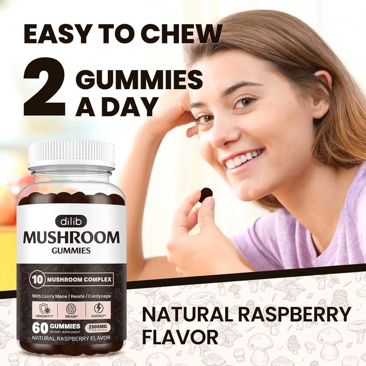 Mushroom Gummies 10 Blend Complex 2500mg with Lions Mane, Cordyceps, Turkey Tail, Chaga, Reishi - Focus, Clarity, Memory, Energy, Immune Support - 60 Gummies