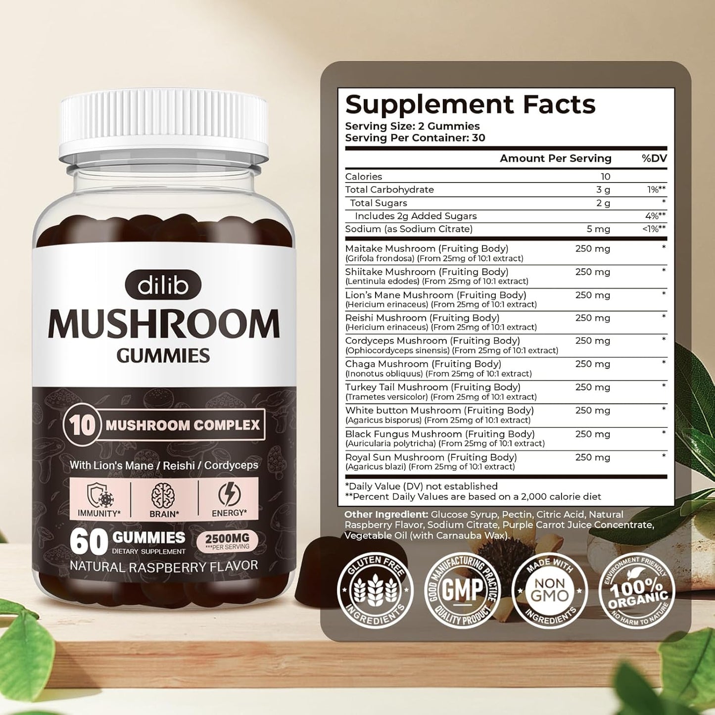Mushroom Gummies 10 Blend Complex 2500mg with Lions Mane, Cordyceps, Turkey Tail, Chaga, Reishi - Focus, Clarity, Memory, Energy, Immune Support - 60 Gummies