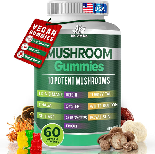 Mushroom Gummies for Adults - Lions Mane & 10-Blend Complex Reishi, Chaga, Cordyceps, Turkey Tail - BIO VITALICA Supplement - BoostGo Australia