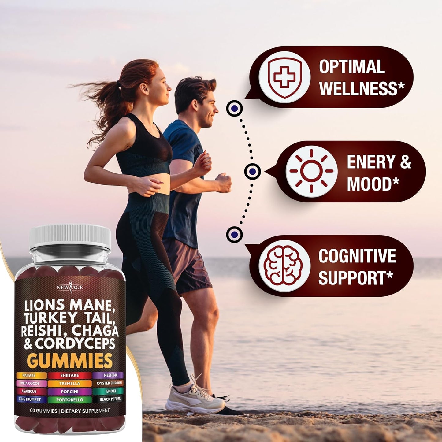 Mushroom Lion's Mane Gummies with Reishi & Cordyceps - 120 Count Cognitive & Immune Support Supplement