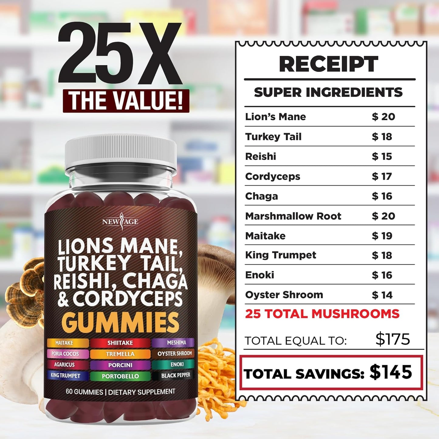 Mushroom Lion's Mane Gummies with Reishi & Cordyceps - 120 Count Cognitive & Immune Support Supplement