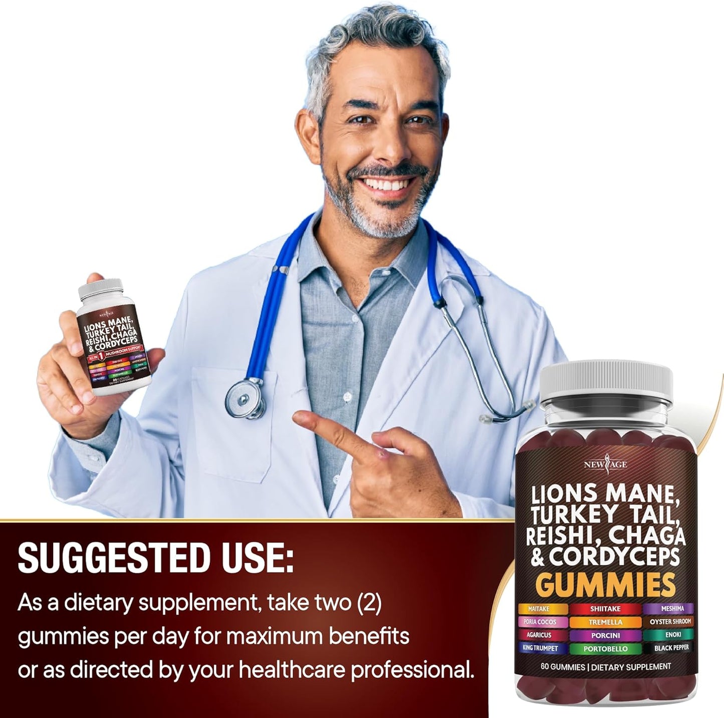 Mushroom Lion's Mane Gummies with Reishi & Cordyceps - 120 Count Cognitive & Immune Support Supplement