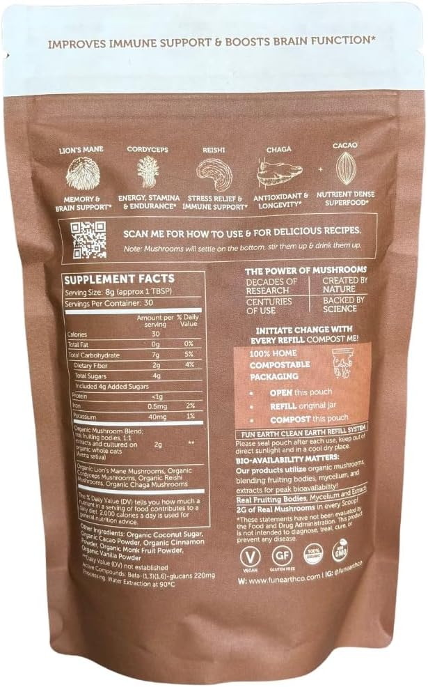 Mushroom Mocha Adaptogen Blend with Lions Mane, Chaga, Cordyceps, and Reishi - Immune Support Powder with Cacao and Vanilla - 8.47oz Bag (30 Servings)
