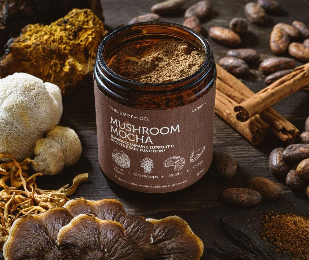 Mushroom Mocha Adaptogen Blend with Lions Mane, Chaga, Cordyceps, and Reishi - Immune Support Powder with Cacao and Vanilla - 8.47oz Bag (30 Servings)