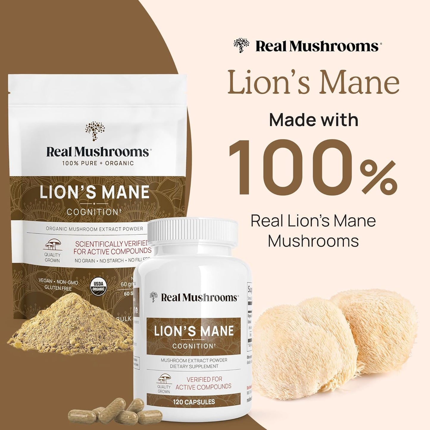Mushroom Supplement Bundle for Energy, Vitality & Cognition - RealBoost & Lions Mane Capsules with Cordyceps, Ginseng, Guayusa - Vegan, Non-GMO - 60ct & 120ct
