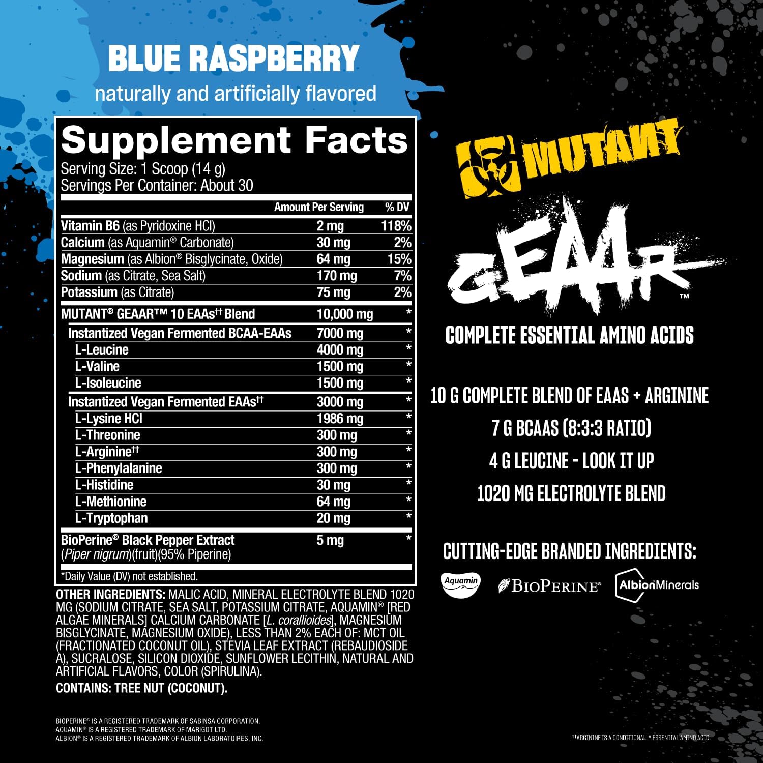 Mutant GEAAR EAA Powder - 9.4g Essential Amino Acids, 7g BCAAs, 4g Leucine, Electrolytes, Coconut Water - Blue Raspberry Flavor, 30 Servings