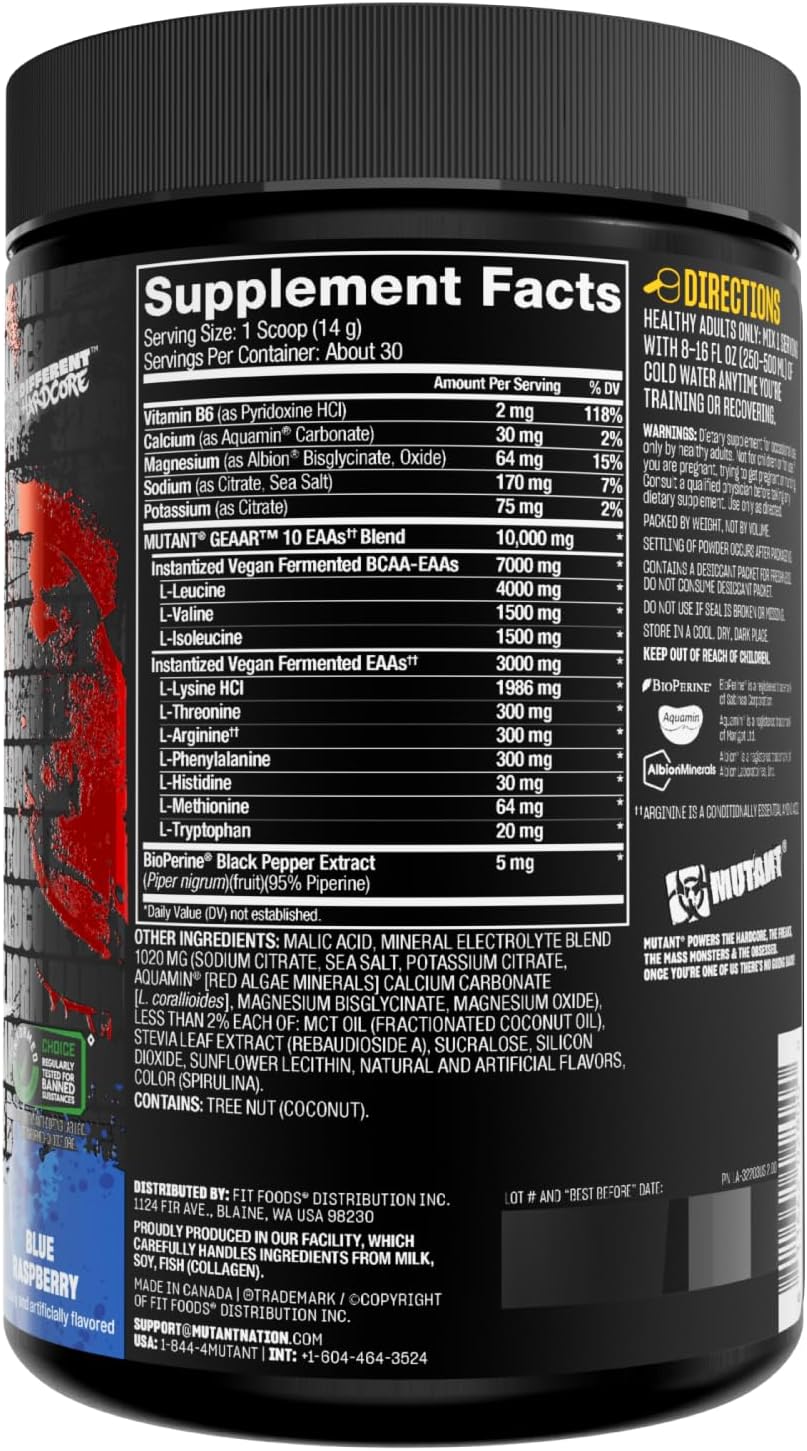 Mutant GEAAR EAA Powder - 9.4g Essential Amino Acids, 7g BCAAs, 4g Leucine, Electrolytes, Coconut Water - Blue Raspberry Flavor, 30 Servings