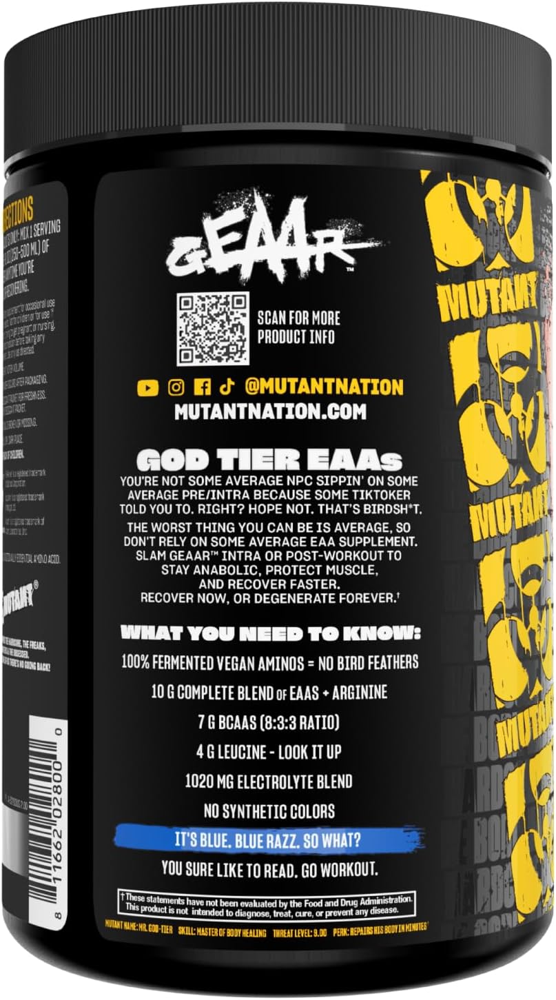 Mutant GEAAR EAA Powder - 9.4g Essential Amino Acids, 7g BCAAs, 4g Leucine, Electrolytes, Coconut Water - Blue Raspberry Flavor, 30 Servings
