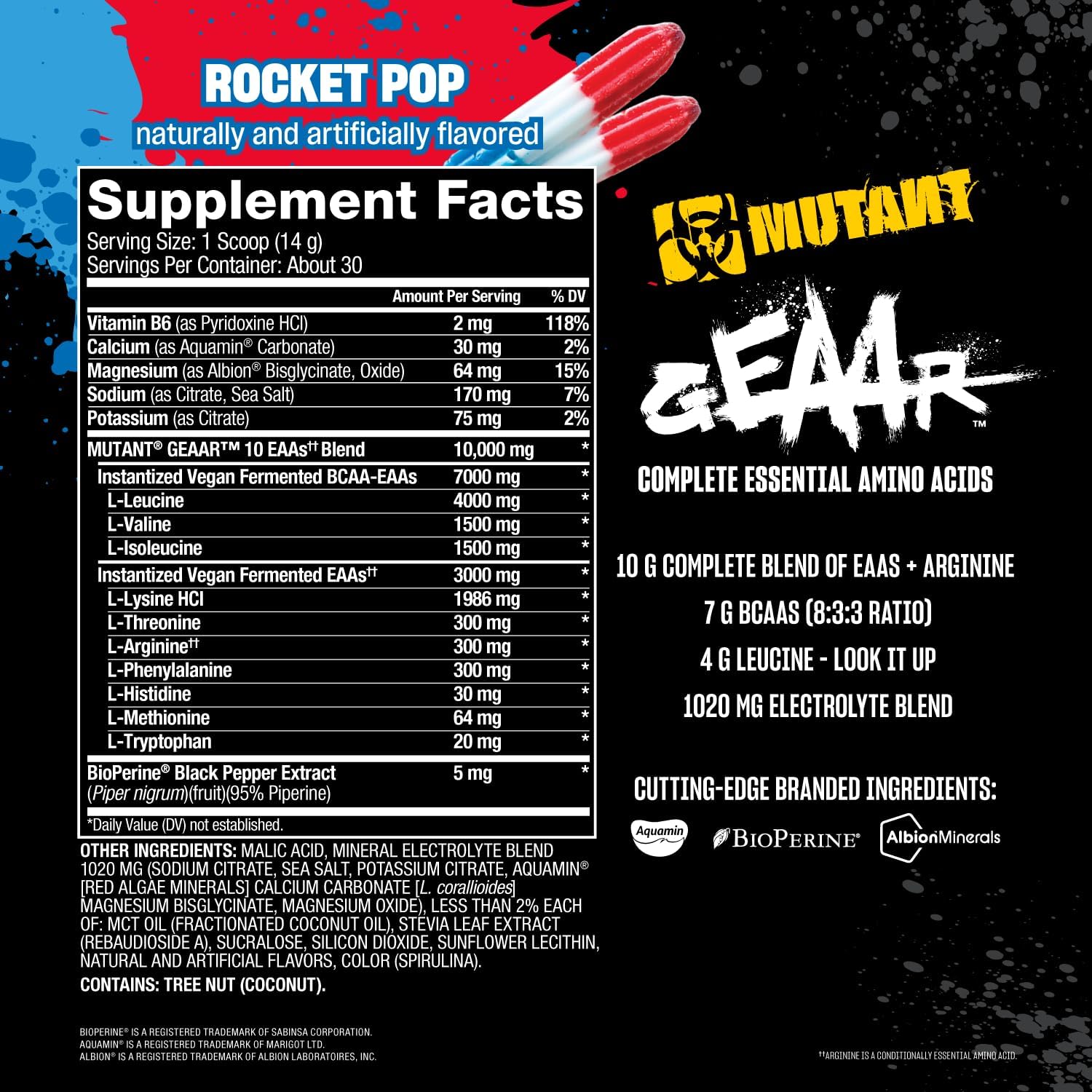 Mutant GEAAR EAA Powder with BCAAs, Leucine, Electrolytes, Coconut Water - Rocket Pop Flavor - 30 Servings, 400g