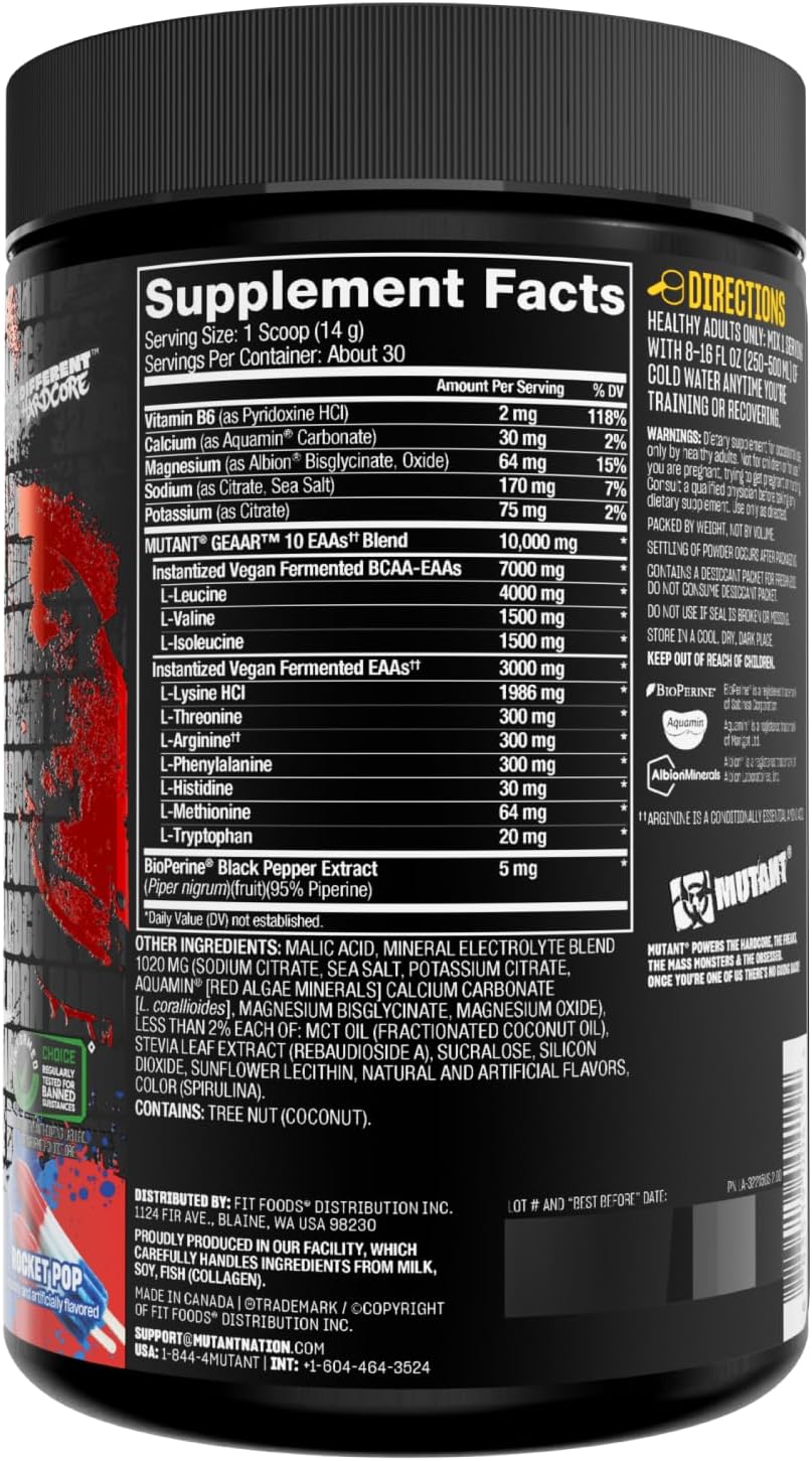 Mutant GEAAR EAA Powder with BCAAs, Leucine, Electrolytes, Coconut Water - Rocket Pop Flavor - 30 Servings, 400g