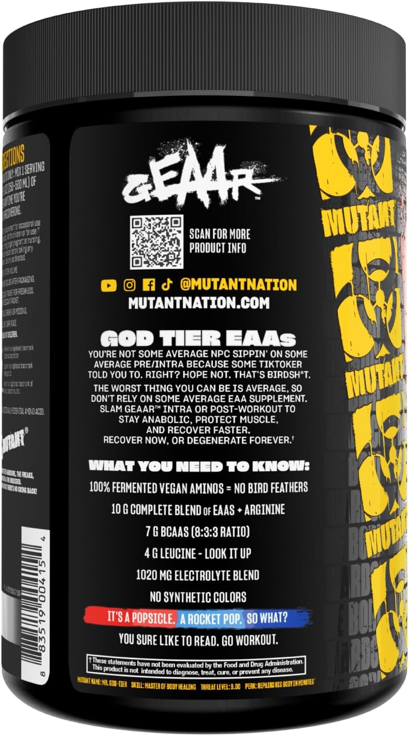 Mutant GEAAR EAA Powder with BCAAs, Leucine, Electrolytes, Coconut Water - Rocket Pop Flavor - 30 Servings, 400g