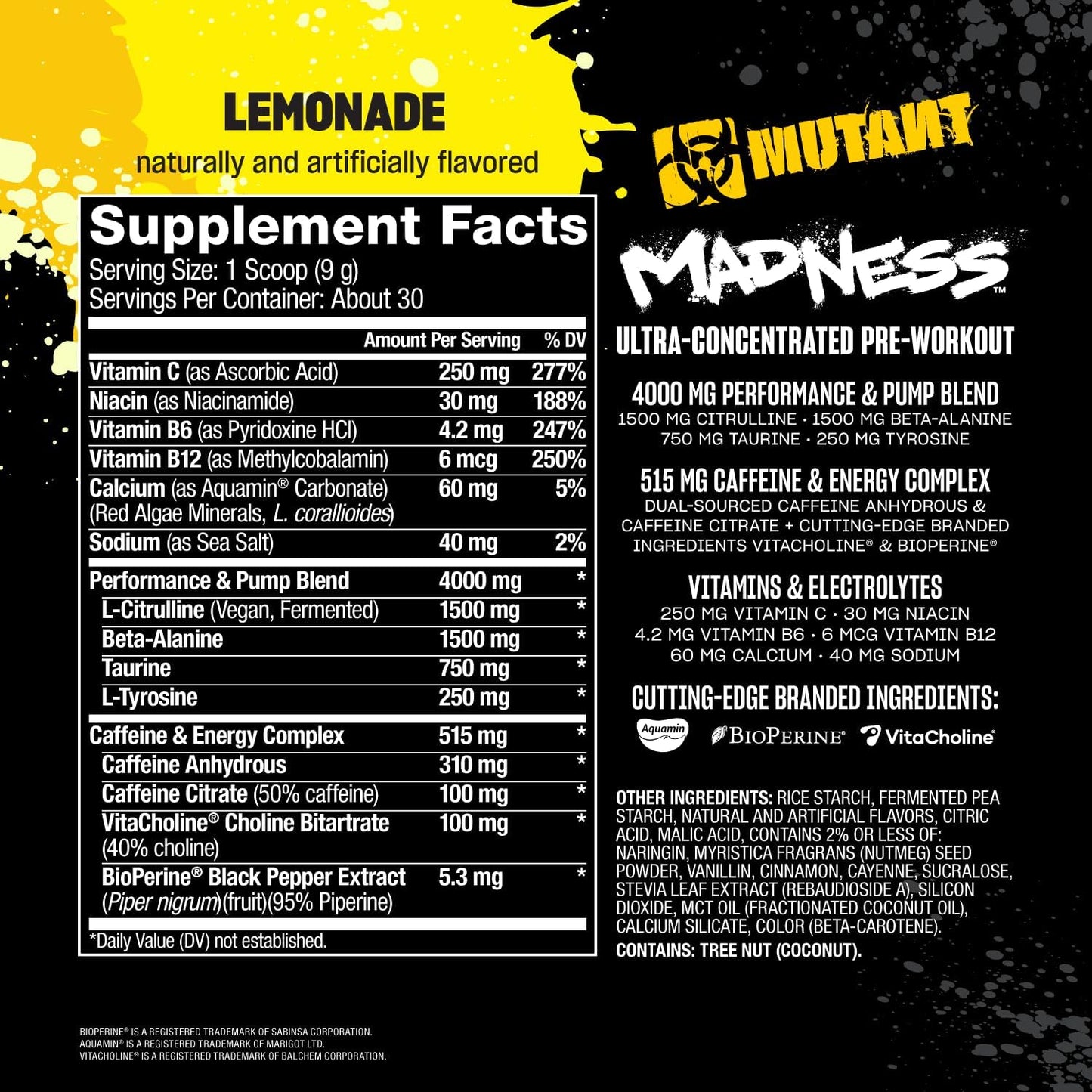 Mutant Madness Lemonade Pre Workout Powder with L-Citrulline, Beta-Alanine, Taurine, and L-Tyrosine for Performance and Pump Boost