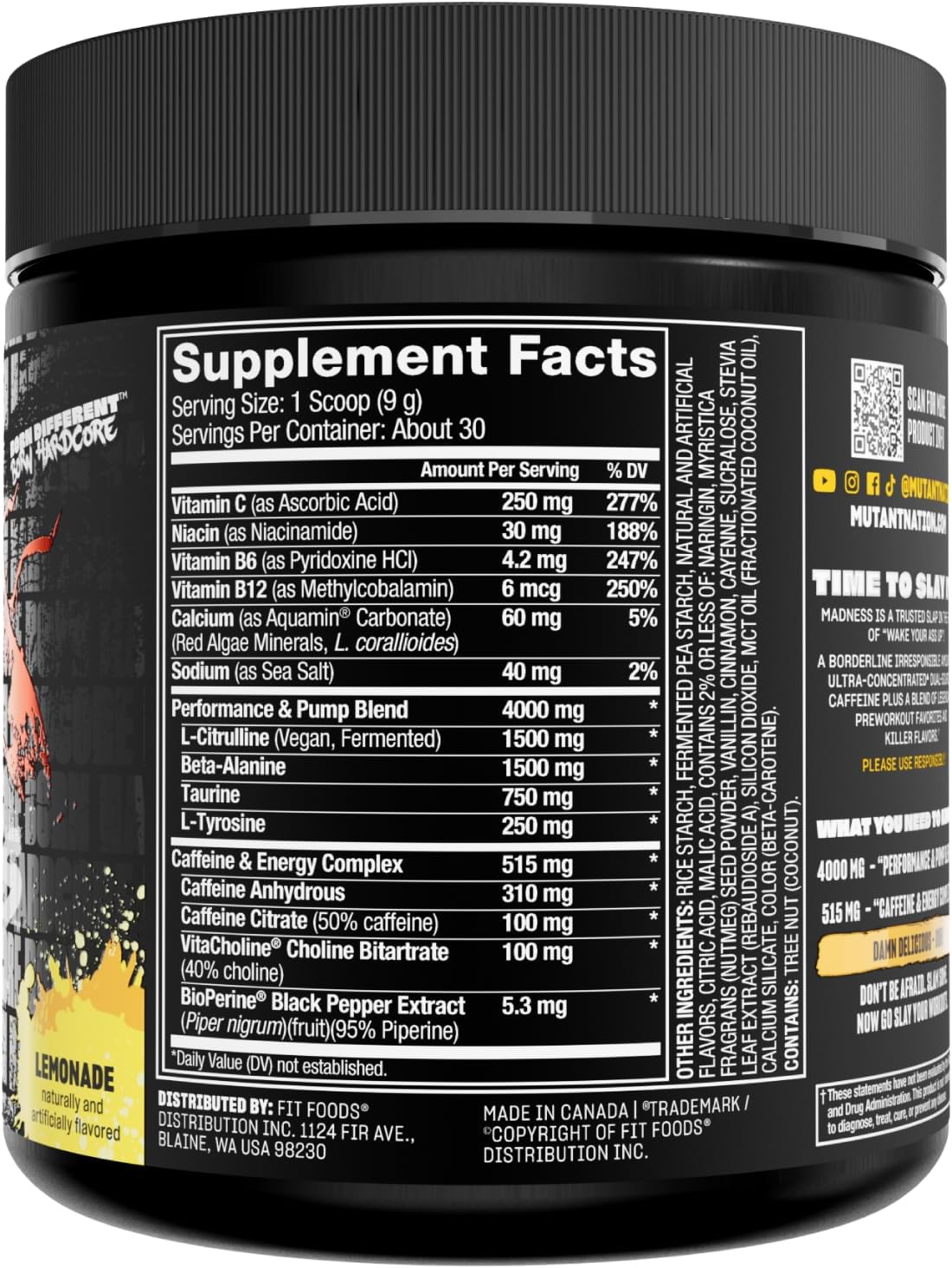 Mutant Madness Lemonade Pre Workout Powder with L-Citrulline, Beta-Alanine, Taurine, and L-Tyrosine for Performance and Pump Boost