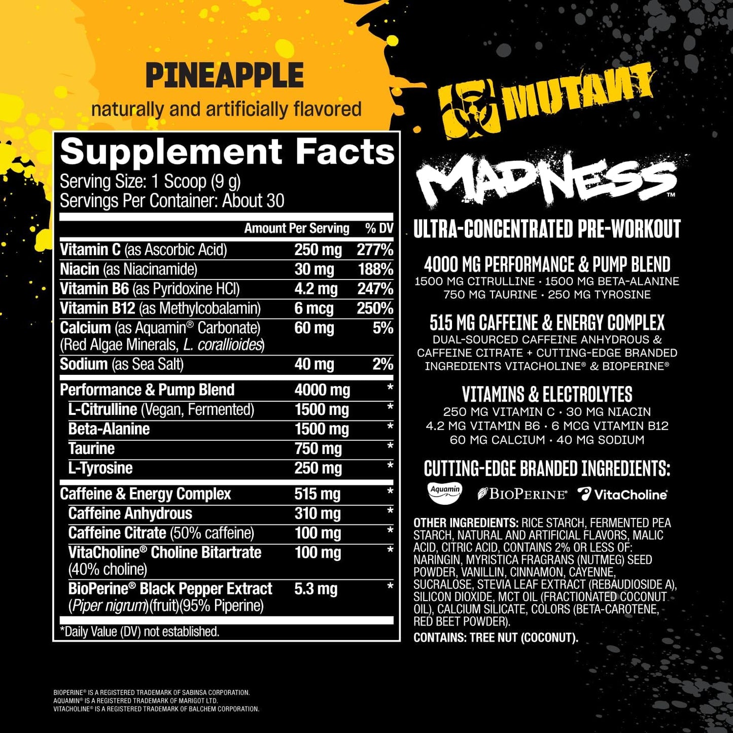 Mutant Madness Pre-Workout Powder Supplement 30 Serving Pineapple Flavor Pump and Performance Blend with L-Citrulline, Beta-Alanine, Taurine, L-Tyrosine