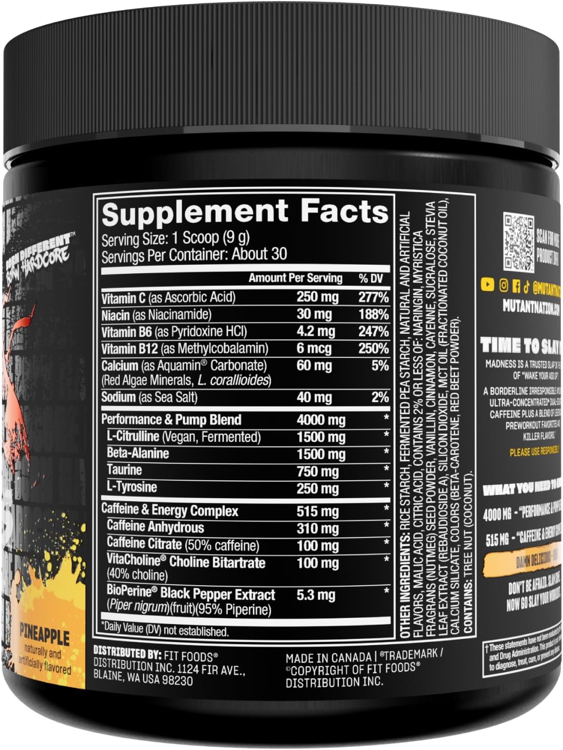 Mutant Madness Pre-Workout Powder Supplement 30 Serving Pineapple Flavor Pump and Performance Blend with L-Citrulline, Beta-Alanine, Taurine, L-Tyrosine