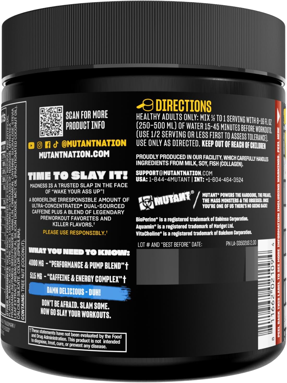 Mutant Madness Pre Workout Powder Supplement with L-Citrulline, Beta-Alanine, Taurine, L-Tyrosine for Performance and Pump | Blue Raspberry Flavor | 30 Servings