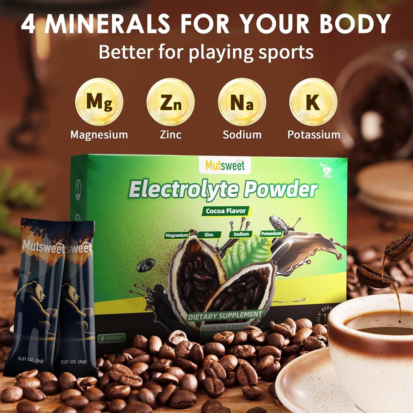 Mutsweet Cocoa Electrolytes Powder Packets - Vegan & Non-GMO Electrolyte Drink Mix with 4 Electrolytes - Sugar-Free - 15 Sticks