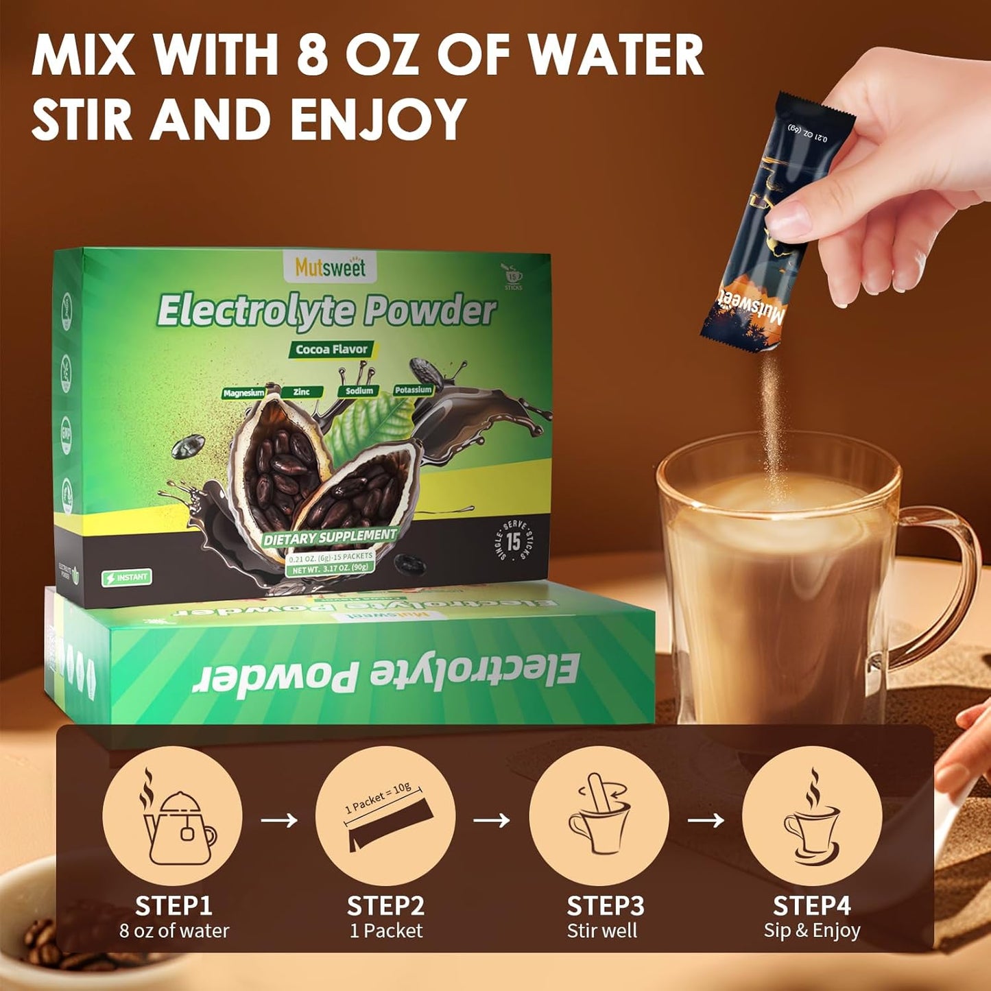 Mutsweet Cocoa Electrolytes Powder Packets - Vegan & Non-GMO Electrolyte Drink Mix with 4 Electrolytes - Sugar-Free - 15 Sticks