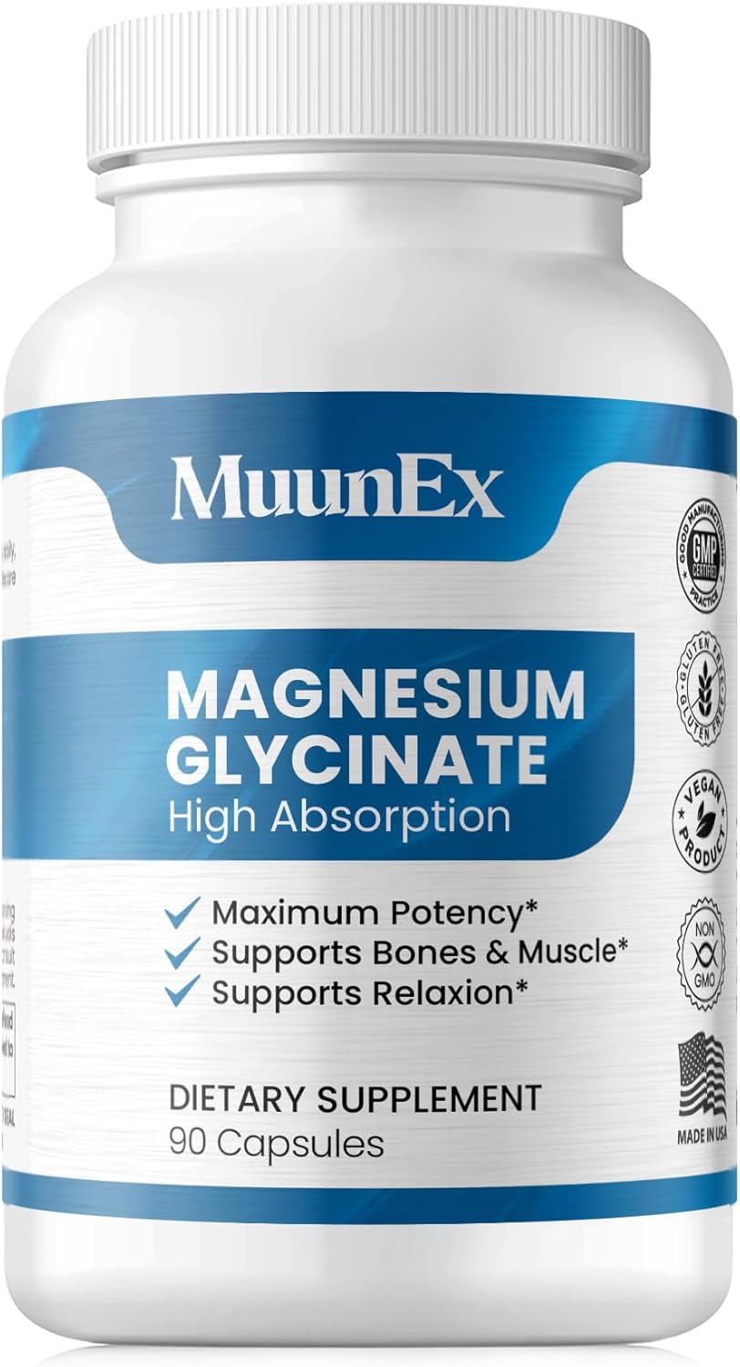 MuunEx Magnesium Glycinate 2,500mg Supplement for Muscle, Nerve, Bone, and Heart Support - Gluten Free, Non GMO - 90 Vegan Capsules