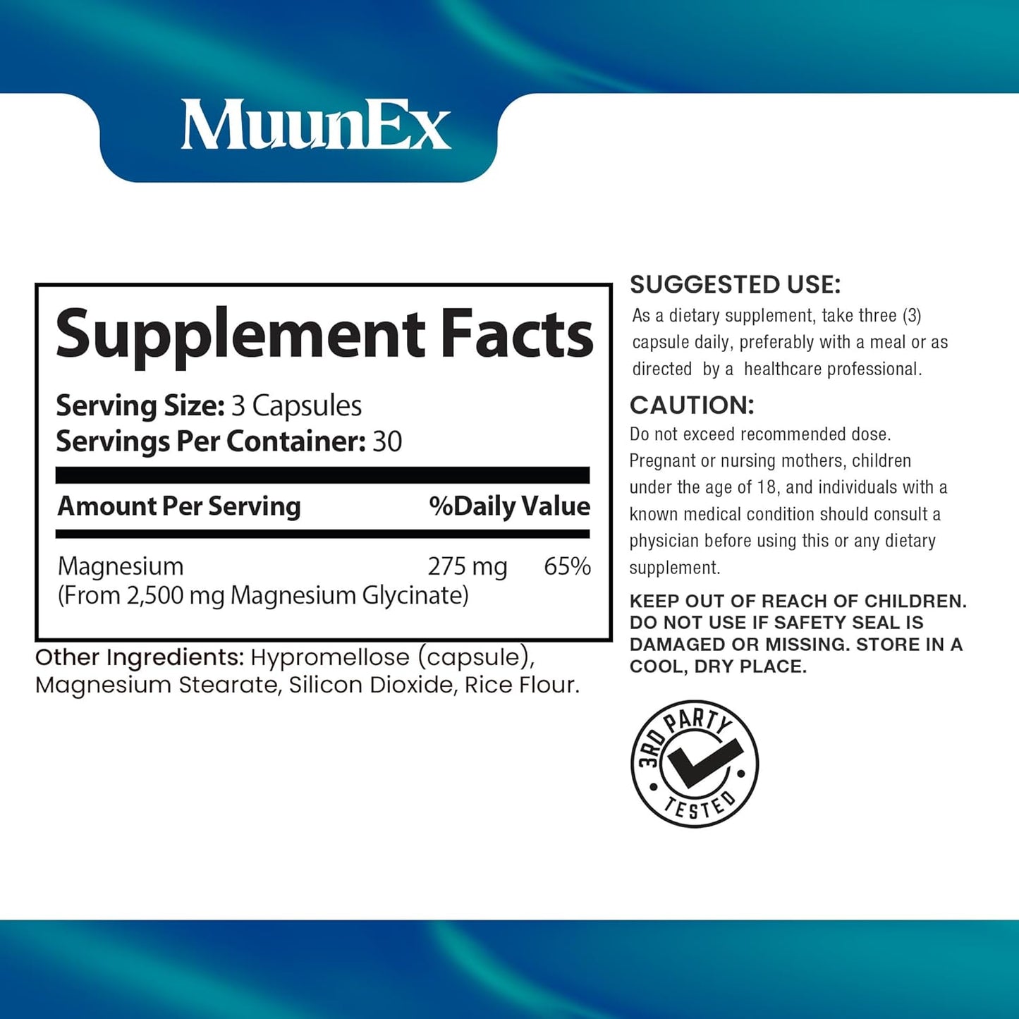 MuunEx Magnesium Glycinate 2,500mg Supplement for Muscle, Nerve, Bone, and Heart Support - Gluten Free, Non GMO - 90 Vegan Capsules