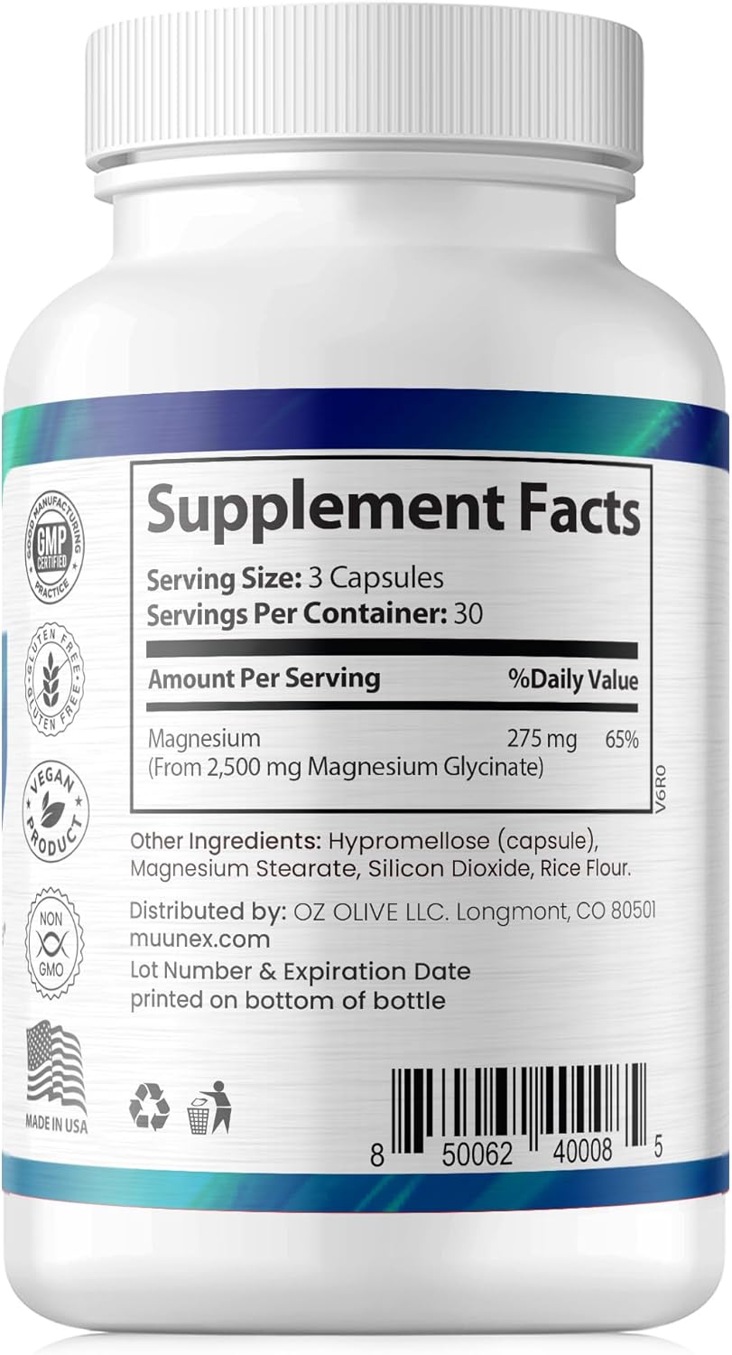 MuunEx Magnesium Glycinate 2,500mg Supplement for Muscle, Nerve, Bone, and Heart Support - Gluten Free, Non GMO - 90 Vegan Capsules