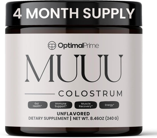 MUUU Bovine Colostrum Supplement Powder for Gut Health, Immune Support, Hair, Skin, Nails - Unflavored, 120 Servings