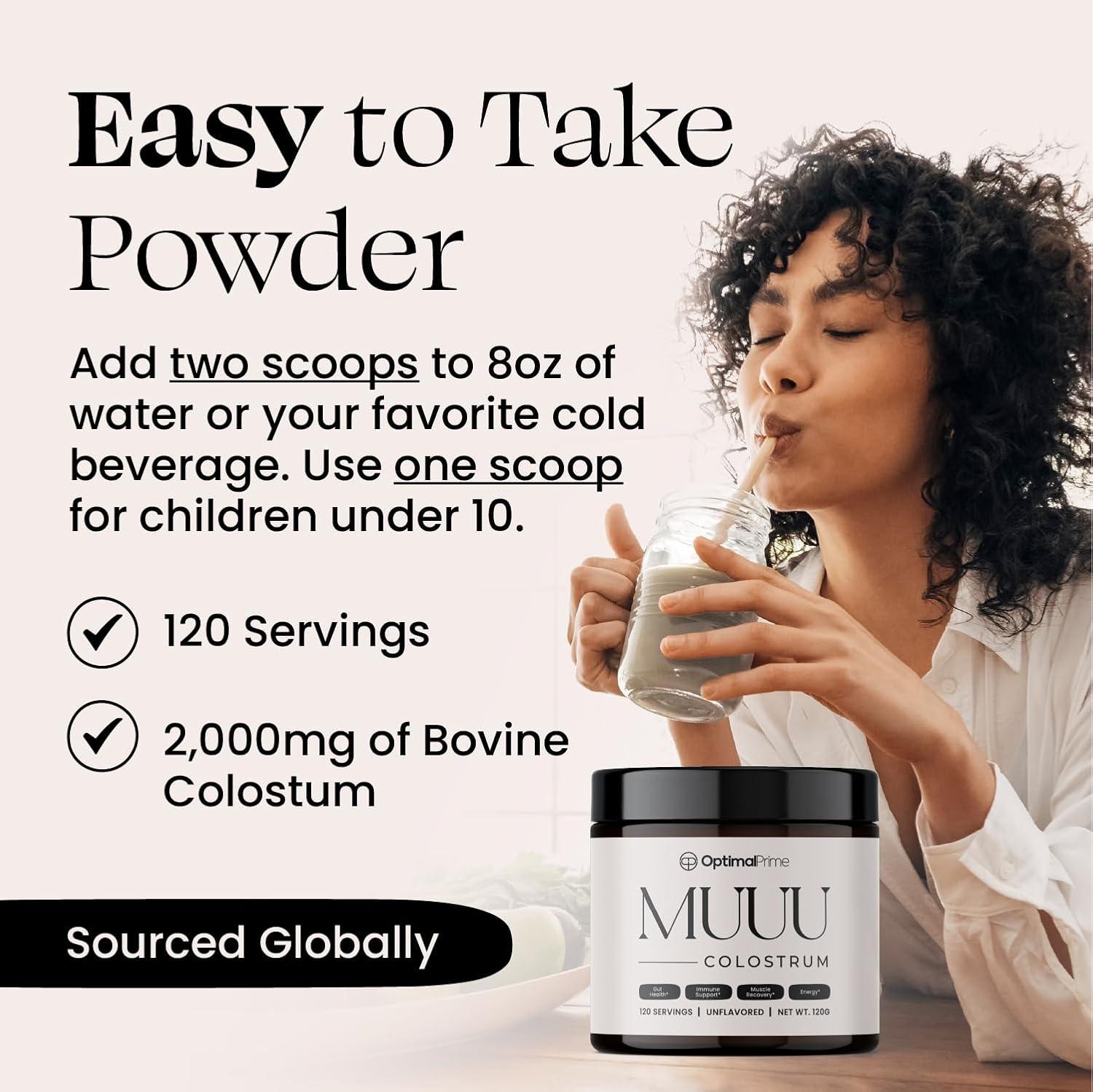 MUUU Bovine Colostrum Supplement Powder for Gut Health, Immune Support, Hair, Skin, Nails - Unflavored, 120 Servings