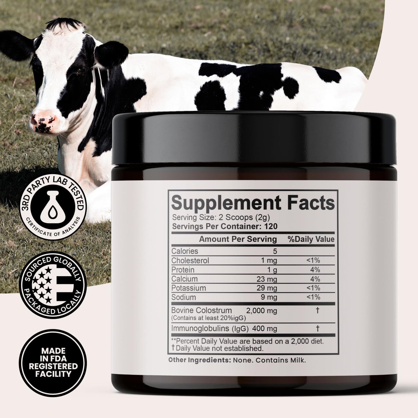 MUUU Bovine Colostrum Supplement Powder for Gut Health, Immune Support, Hair, Skin, Nails - Unflavored, 120 Servings