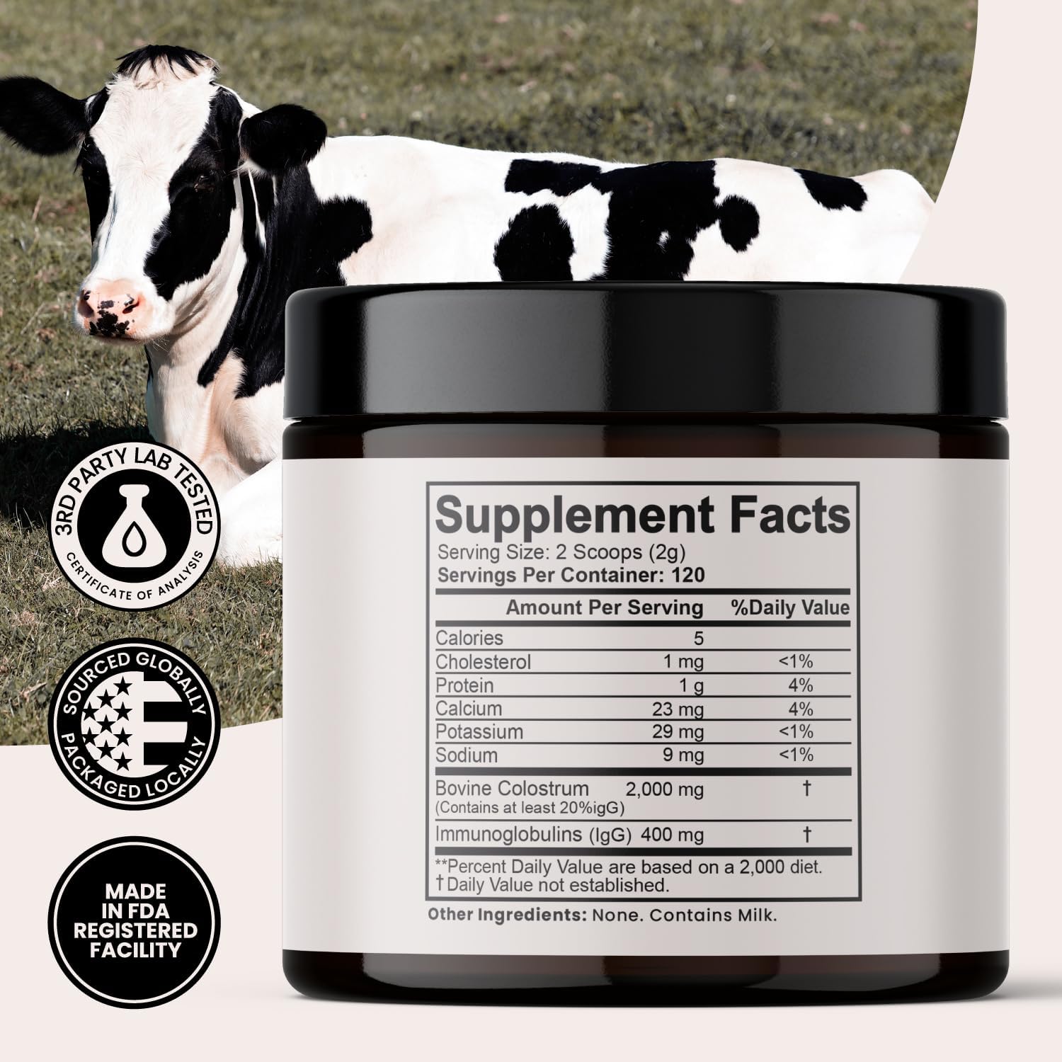 MUUU Bovine Colostrum Supplement Powder for Gut Health, Immune Support, Hair, Skin, Nails - Unflavored, 120 Servings