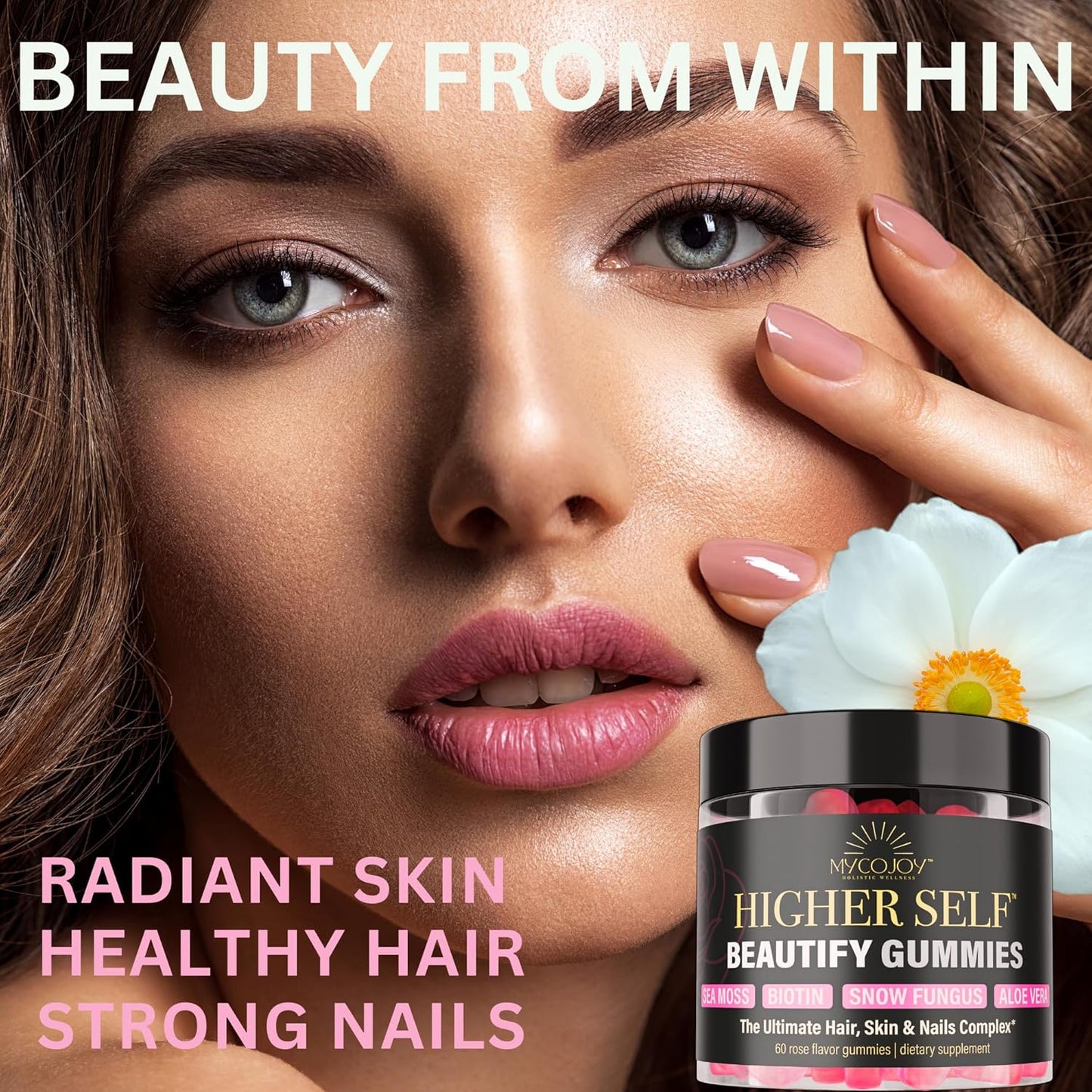 MYCOJOY Higher SELF™ Beautify Gummies with Sea Moss, Biotin, Snow Fungus, Aloe Vera for Hair, Skin, Nails - 60 Vegan Rose Flavor Gummies