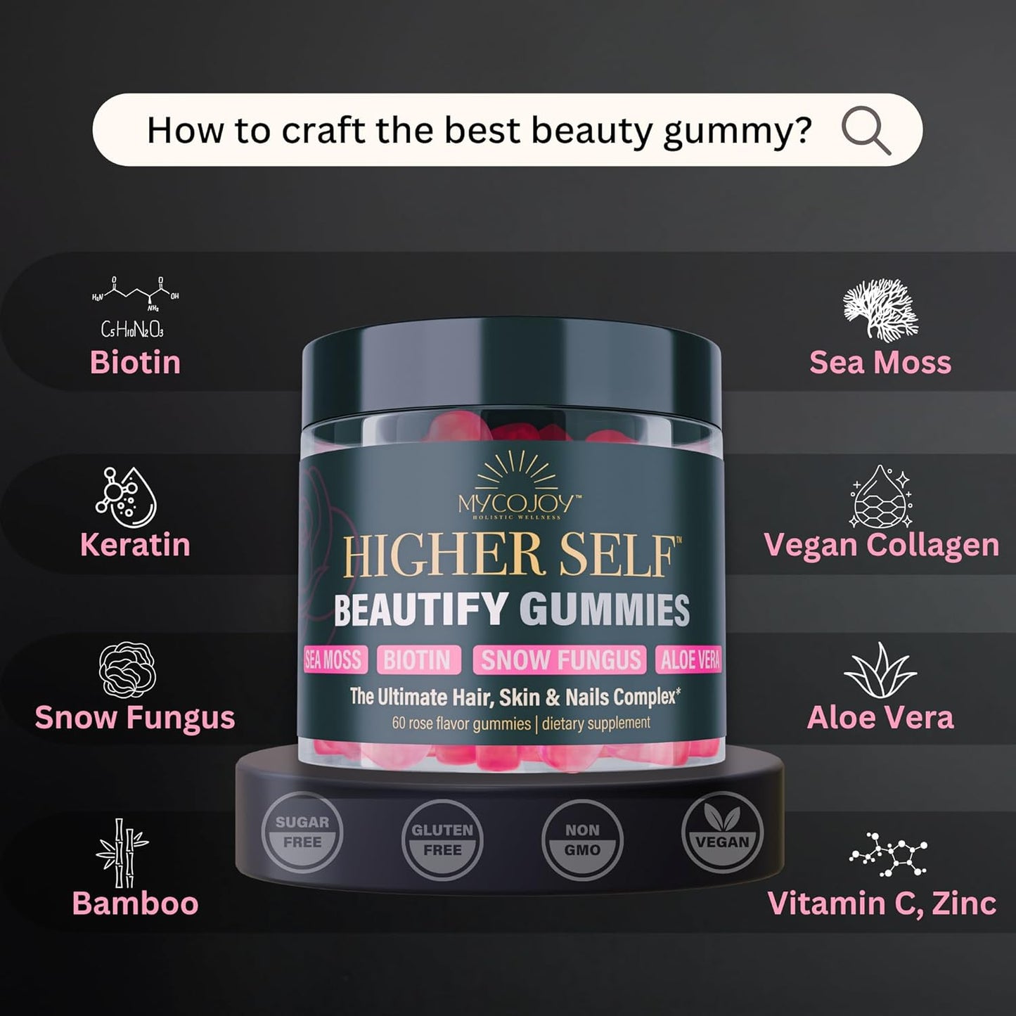 MYCOJOY Higher SELF™ Beautify Gummies with Sea Moss, Biotin, Snow Fungus, Aloe Vera for Hair, Skin, Nails - 60 Vegan Rose Flavor Gummies