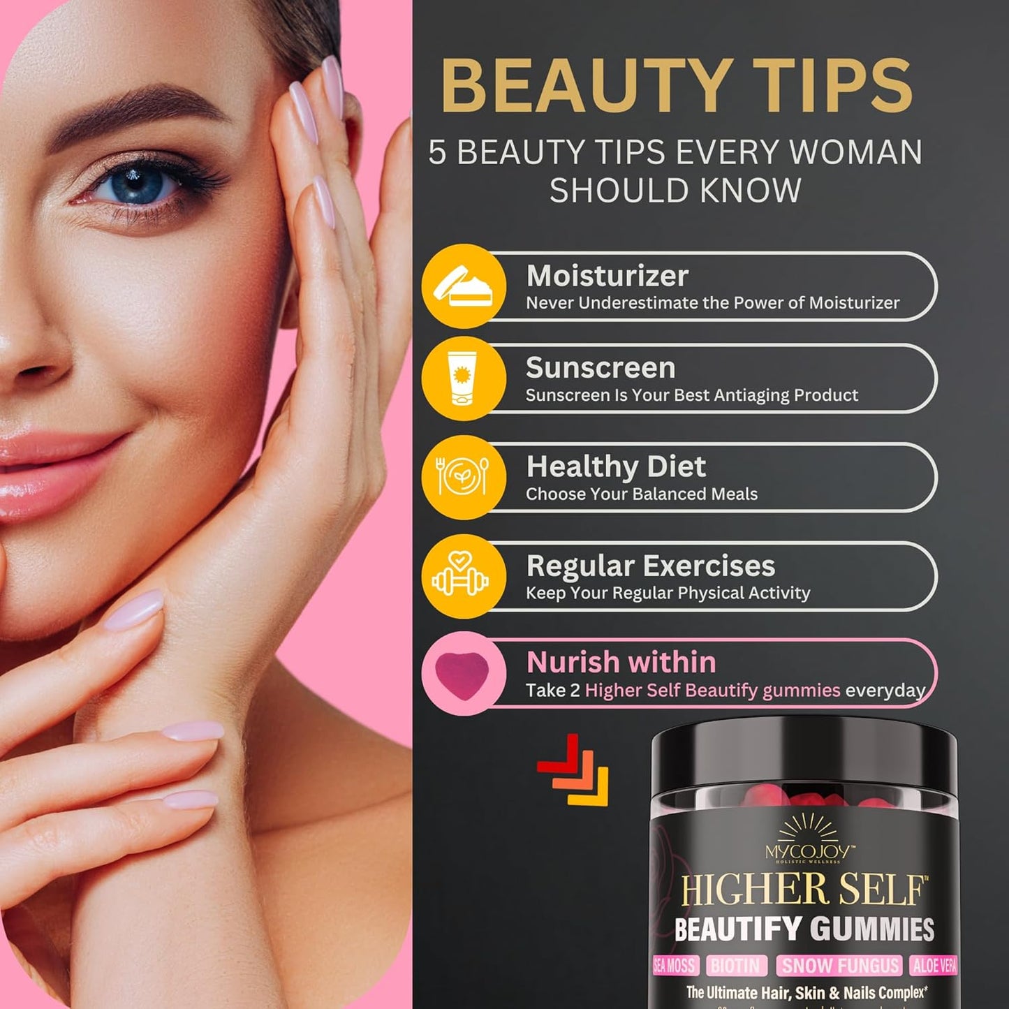 MYCOJOY Higher SELF™ Beautify Gummies with Sea Moss, Biotin, Snow Fungus, Aloe Vera for Hair, Skin, Nails - 60 Vegan Rose Flavor Gummies