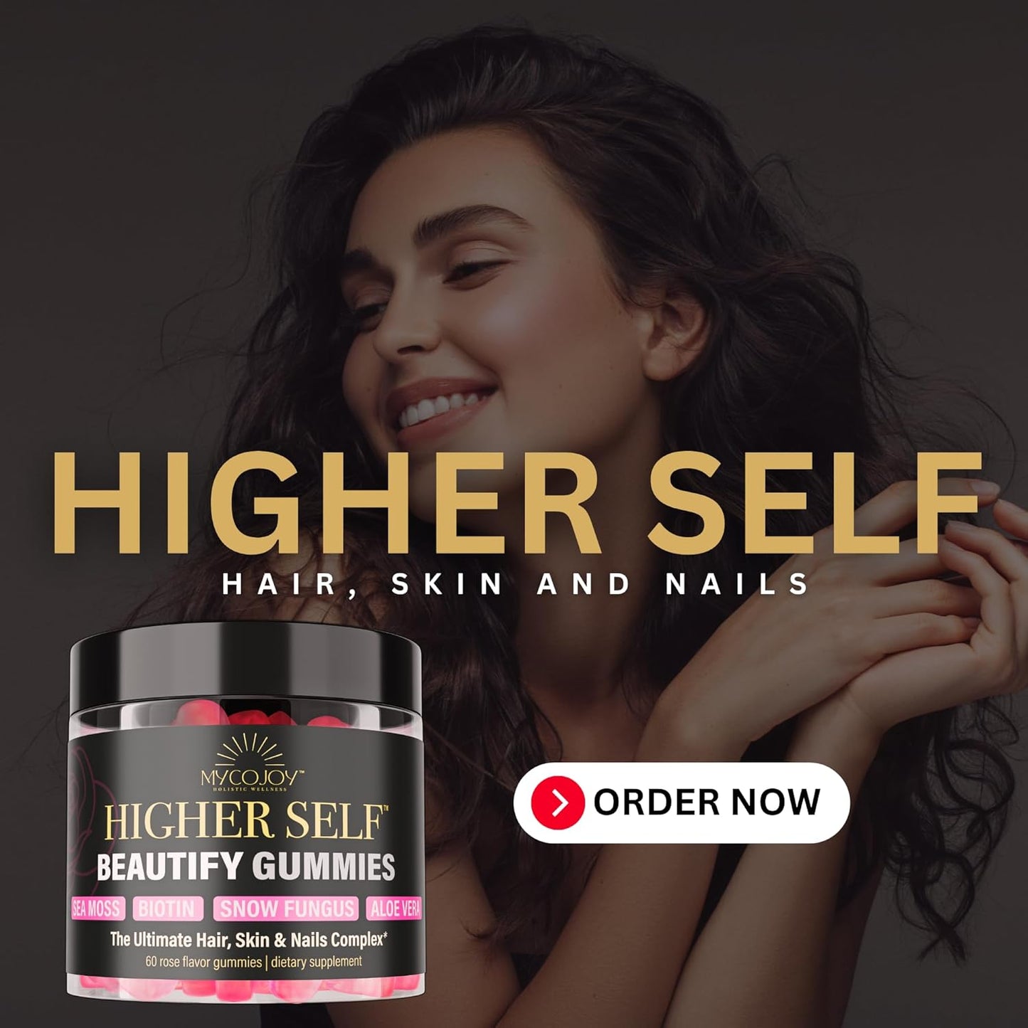 MYCOJOY Higher SELF™ Beautify Gummies with Sea Moss, Biotin, Snow Fungus, Aloe Vera for Hair, Skin, Nails - 60 Vegan Rose Flavor Gummies