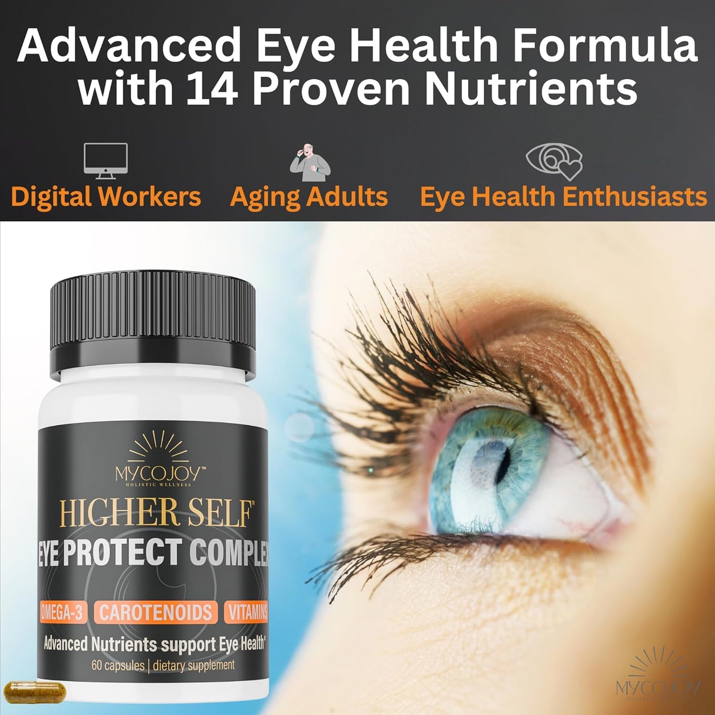 MYCOJOY Higher SELF™ Eye Protect Complex Blue Light Defense Supplement with Lion’s Mane, Omega-3, Lutein, Zeaxanthin, Bilberry, Eyebright | 60 Capsules