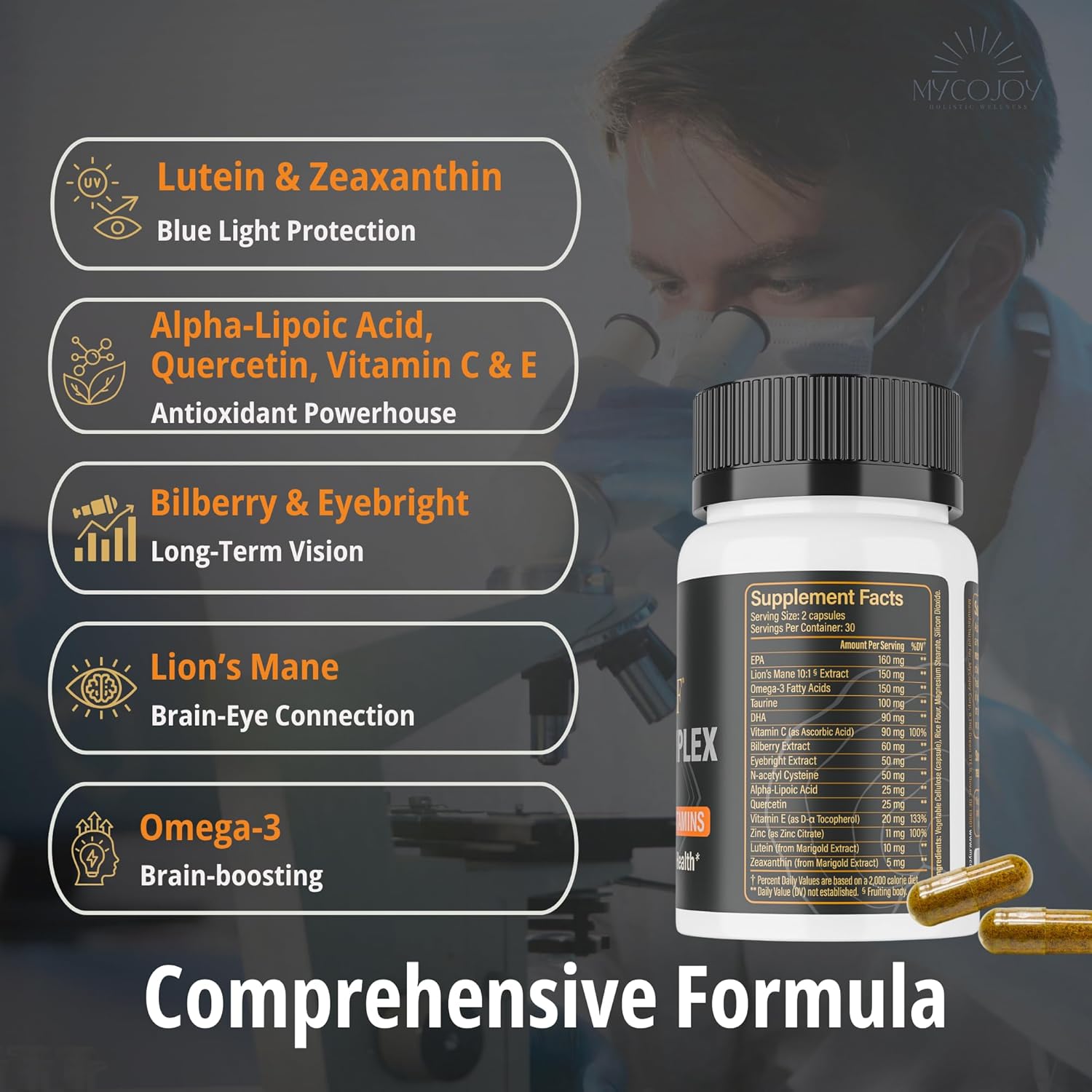 MYCOJOY Higher SELF™ Eye Protect Complex Blue Light Defense Supplement with Lion’s Mane, Omega-3, Lutein, Zeaxanthin, Bilberry, Eyebright | 60 Capsules