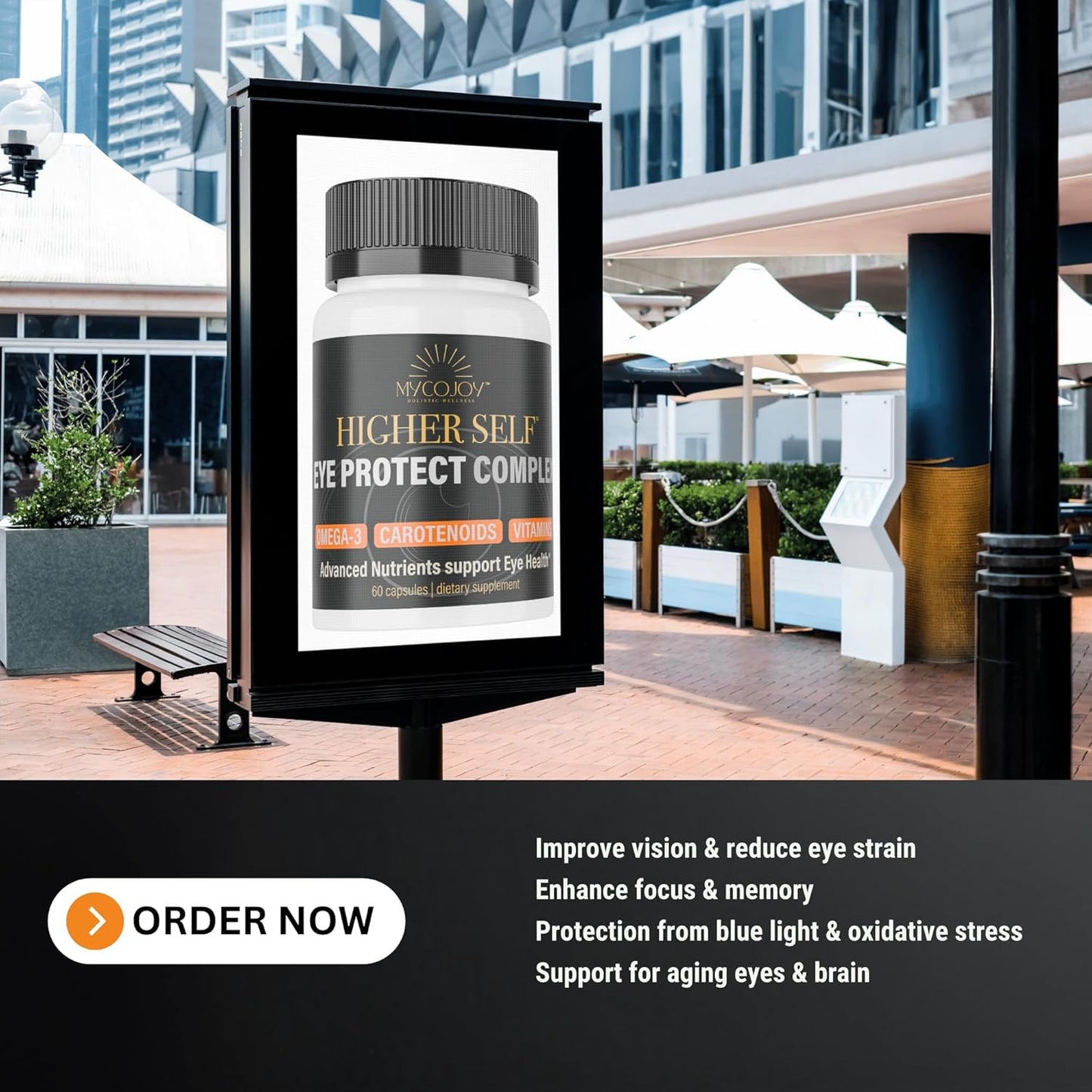 MYCOJOY Higher SELF™ Eye Protect Complex Blue Light Defense Supplement with Lion’s Mane, Omega-3, Lutein, Zeaxanthin, Bilberry, Eyebright | 60 Capsules